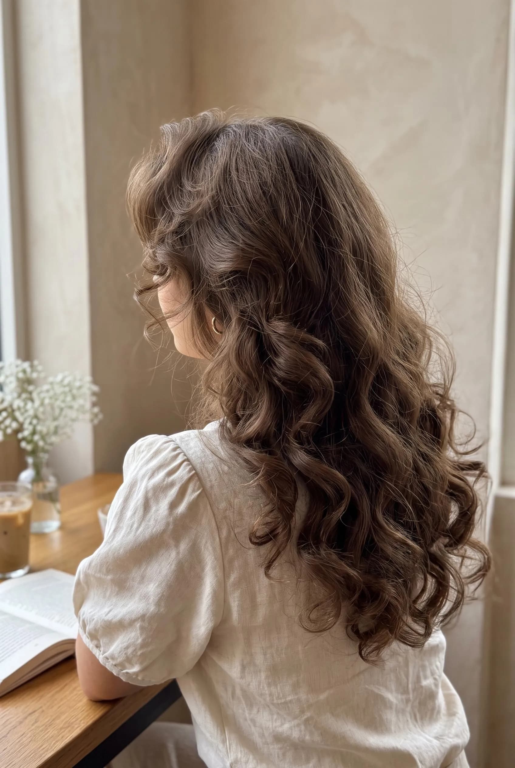 Long brown hair in big bouncy 80s voluminous curls, seen from behind at a wooden table