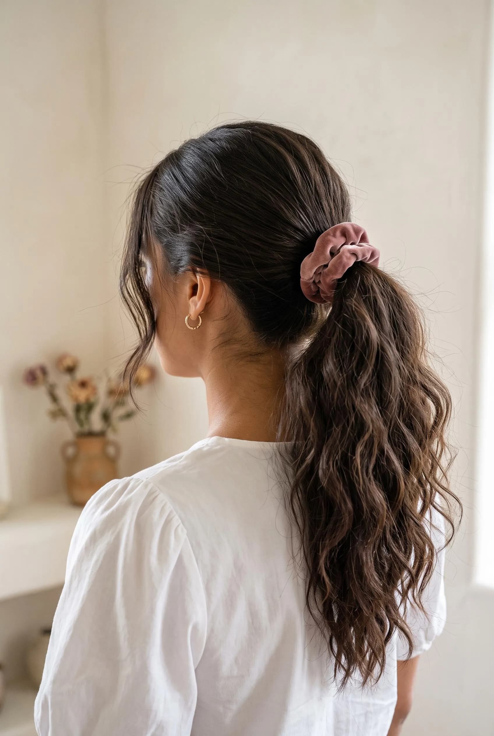 Dark brown 80s side ponytail tied with a dusty rose velvet scrunchie and a wavy tail