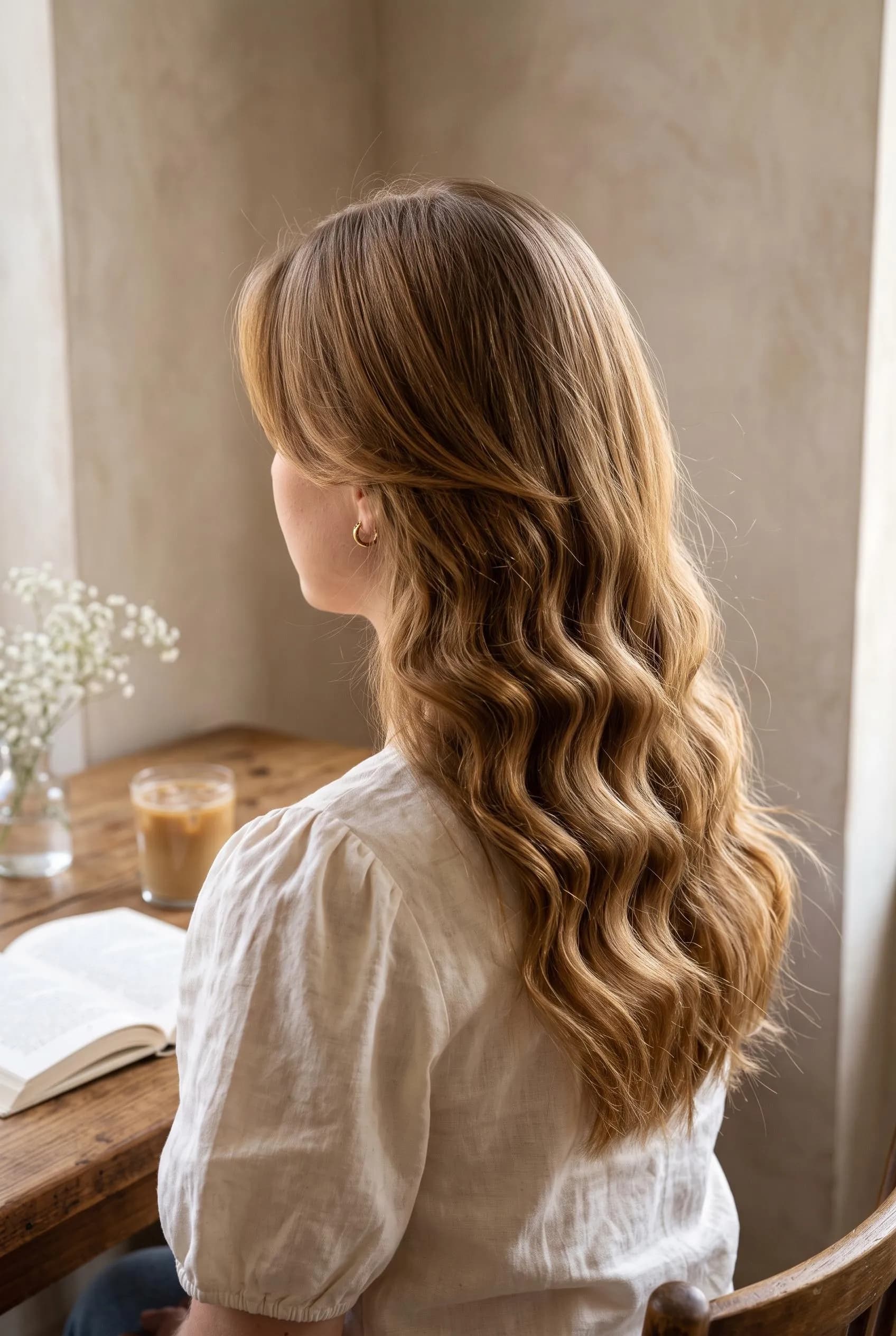 Long golden-brown hair with wide glossy 80s crimped waves, seen from behind