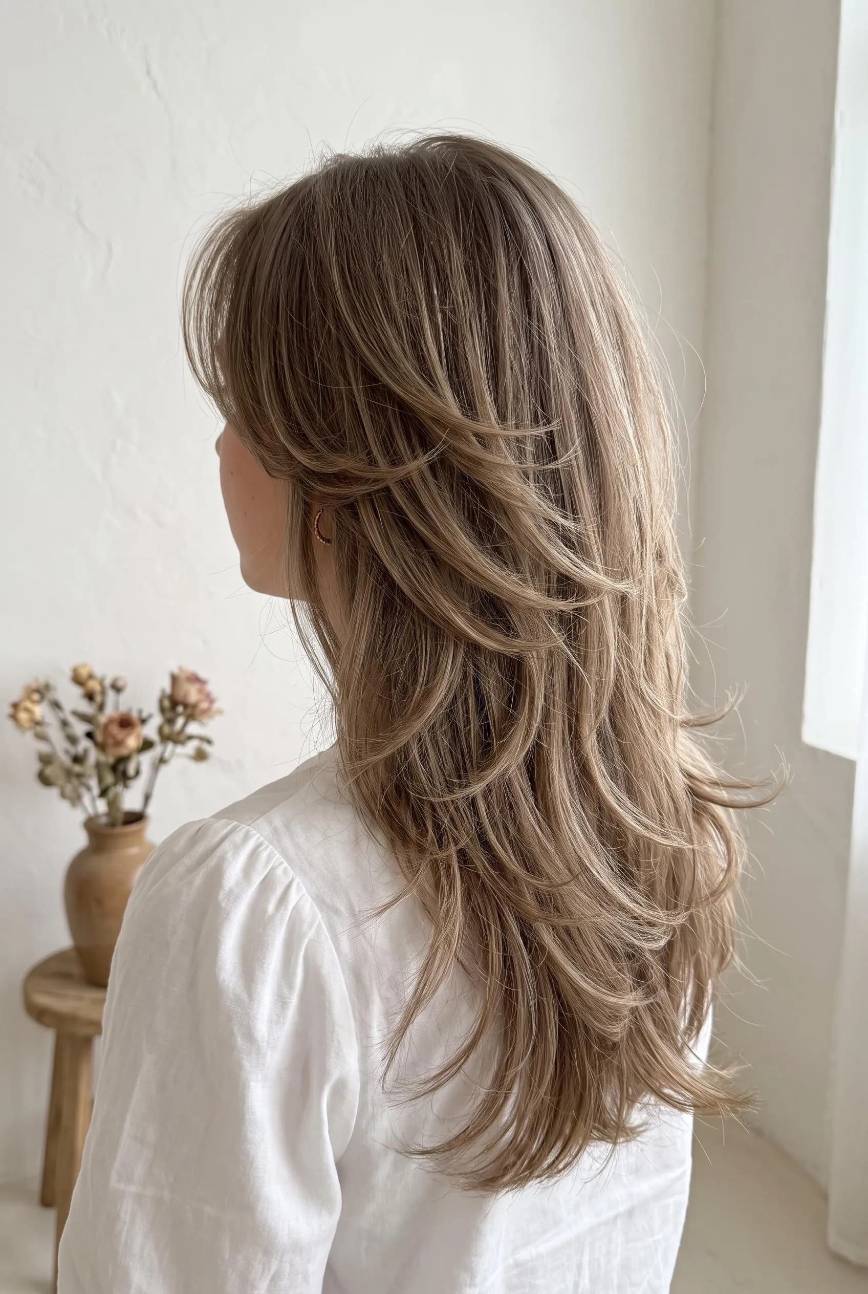 Long light ash-brown hair with 80s feathered layers flicked out and back