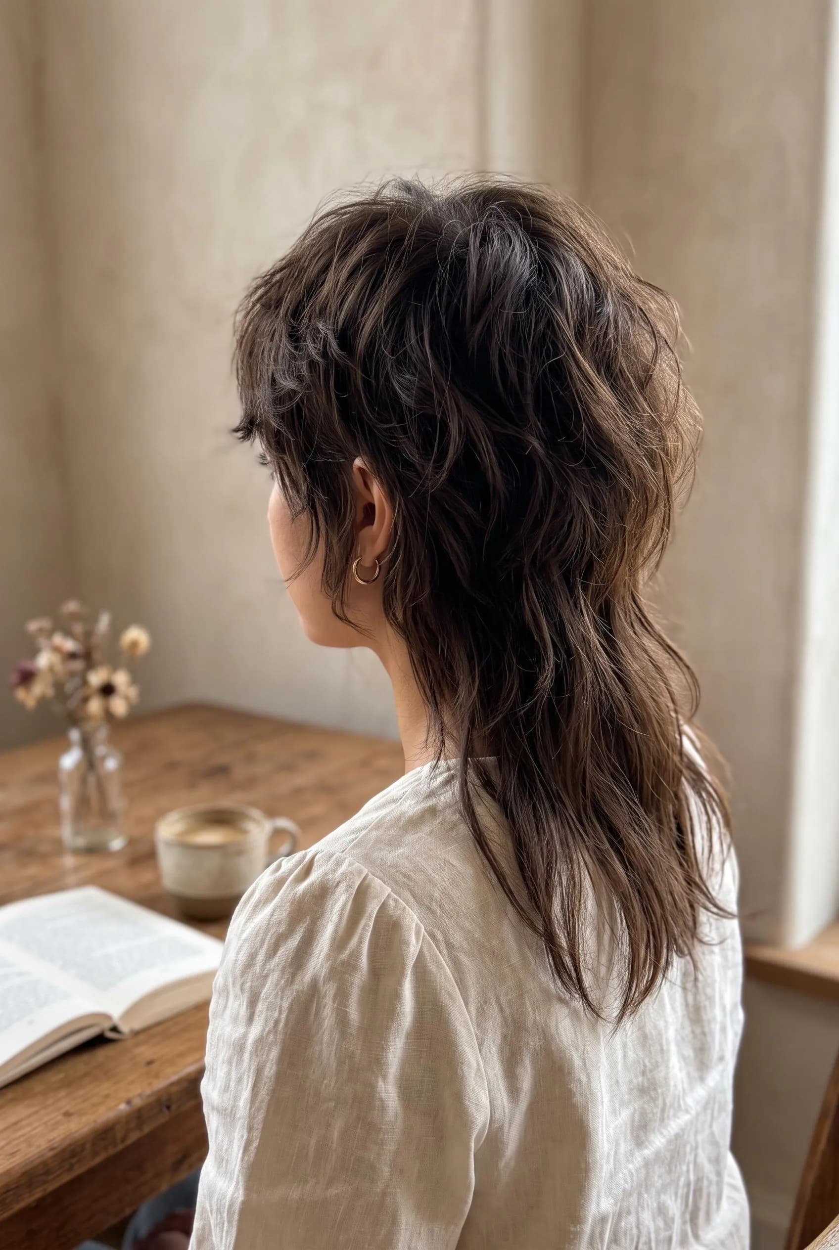 Dark brown soft rocker mullet with short shaggy layers on top and longer pieces at the nape