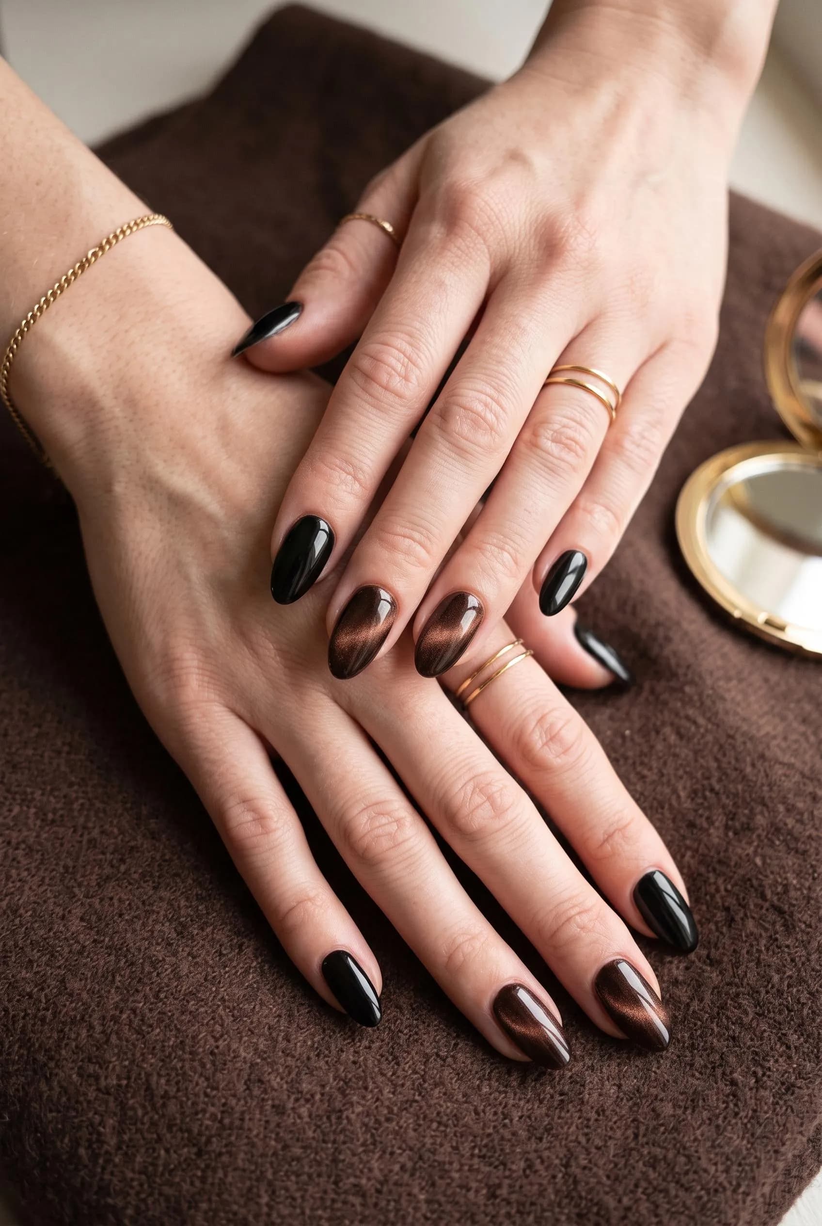 Black nails with a brown velvet cat eye on the accent nails