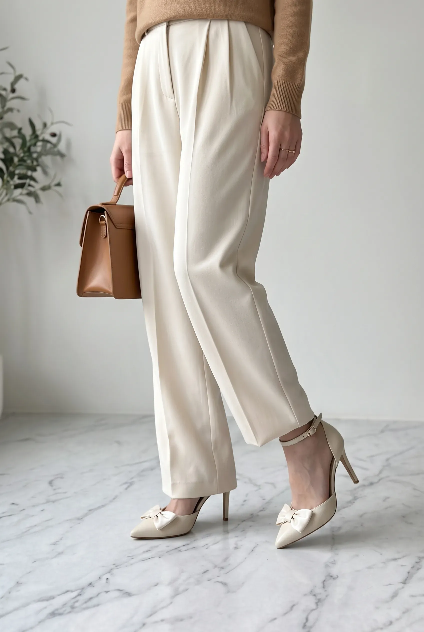 Cream pointed pumps with satin bows at the toe and a thin ankle strap