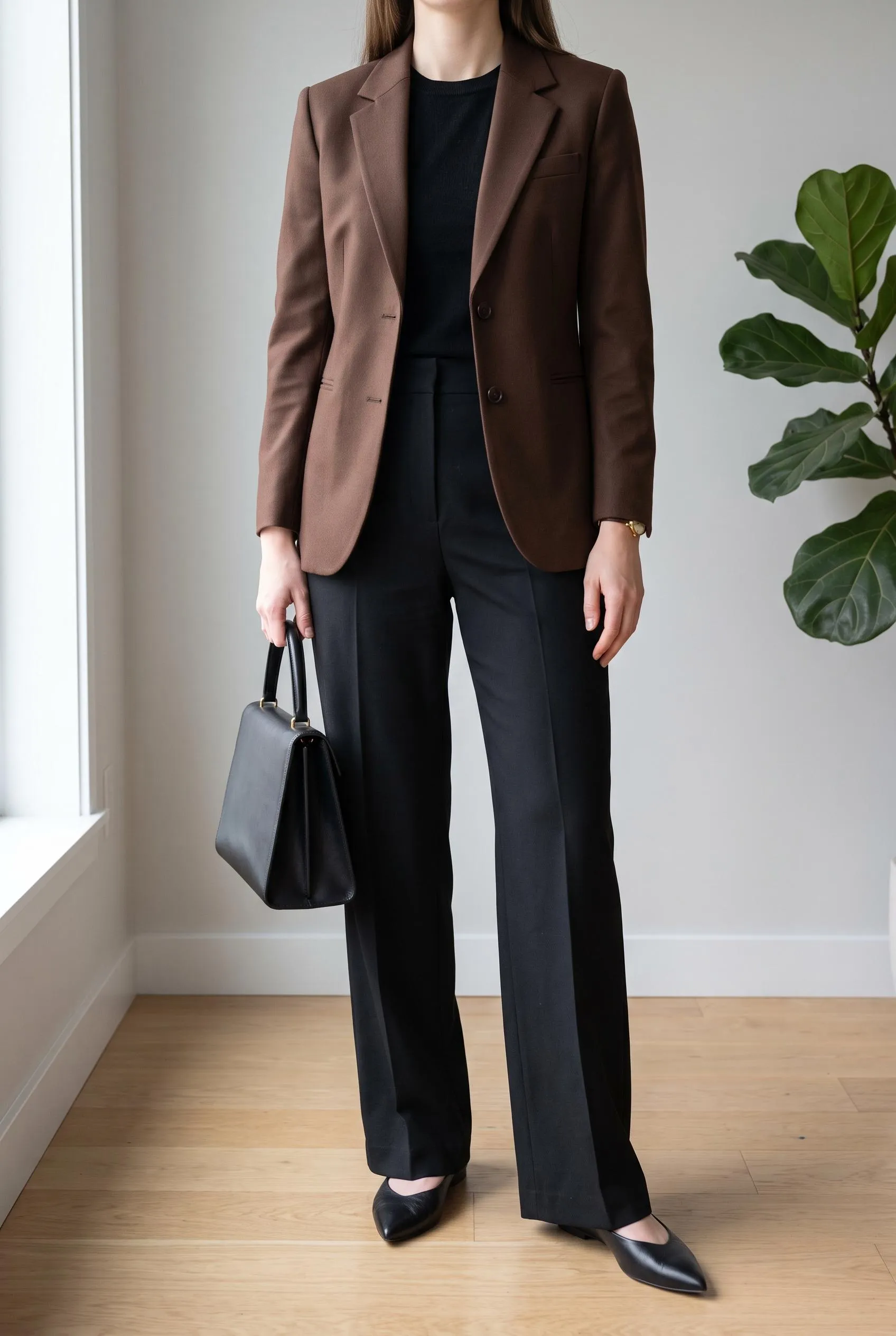Fitted brown blazer with a black top, black wide-leg trousers and pointed flats