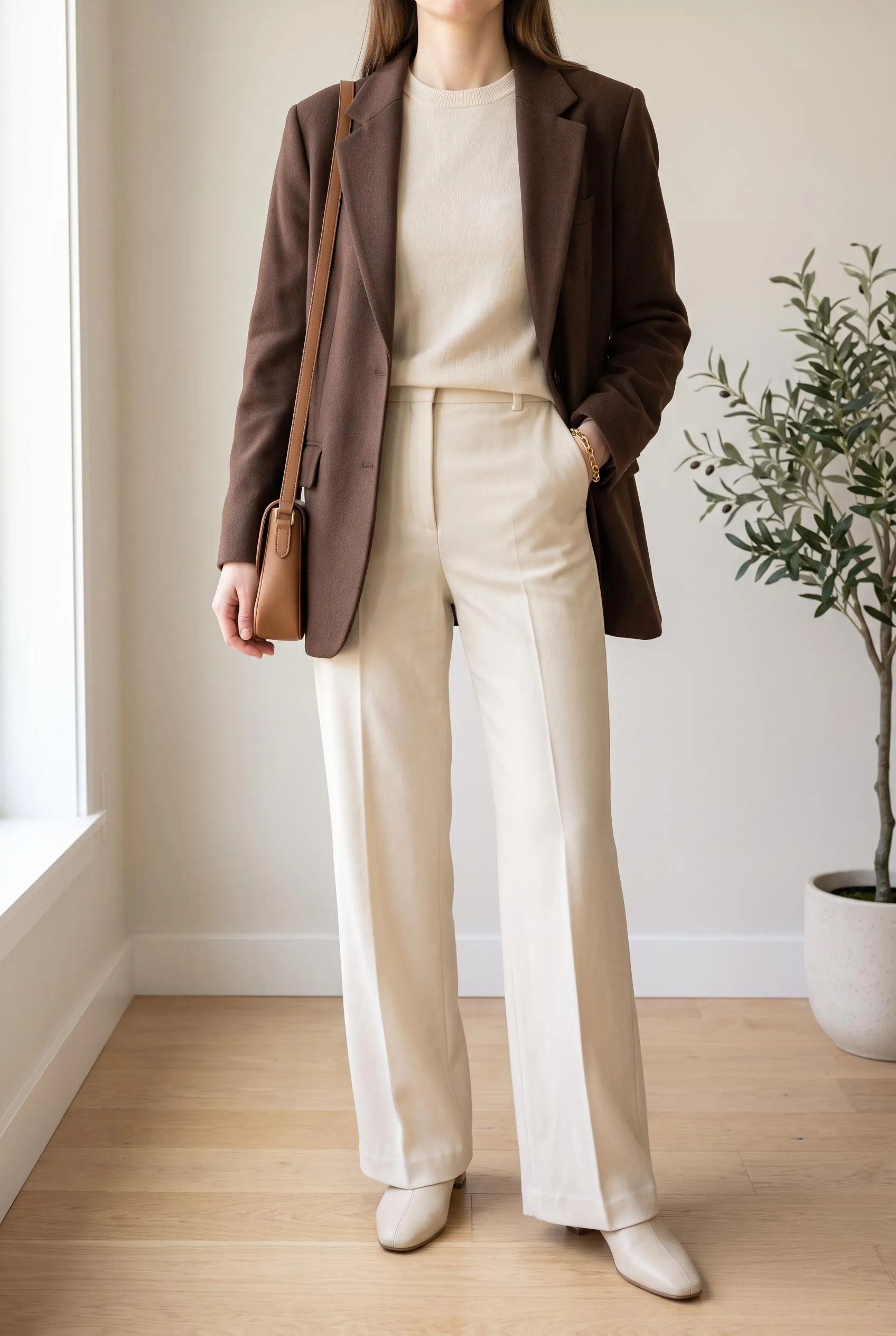 Brown blazer over a cream knit and cream wide-leg trousers with cream boots