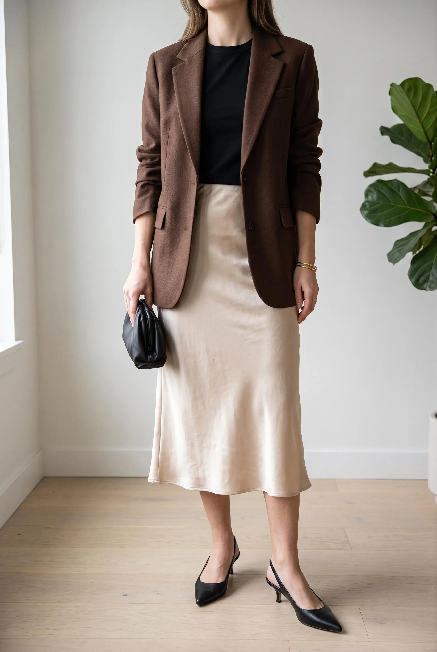 Brown blazer over a black tee with a champagne satin slip skirt and slingback heels