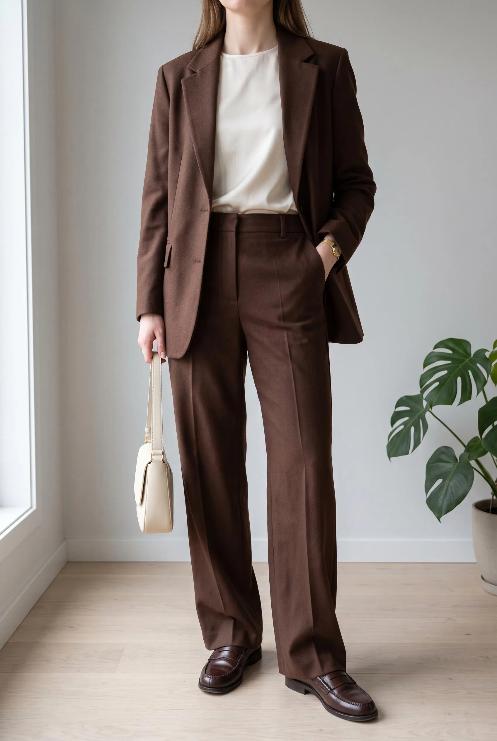 Matching chocolate brown suit with a cream top and brown loafers