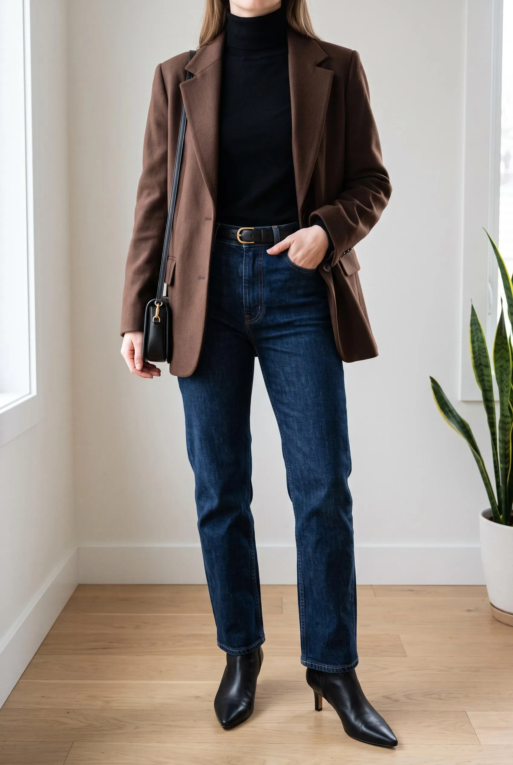 Brown blazer over a black turtleneck with dark indigo jeans and black ankle boots