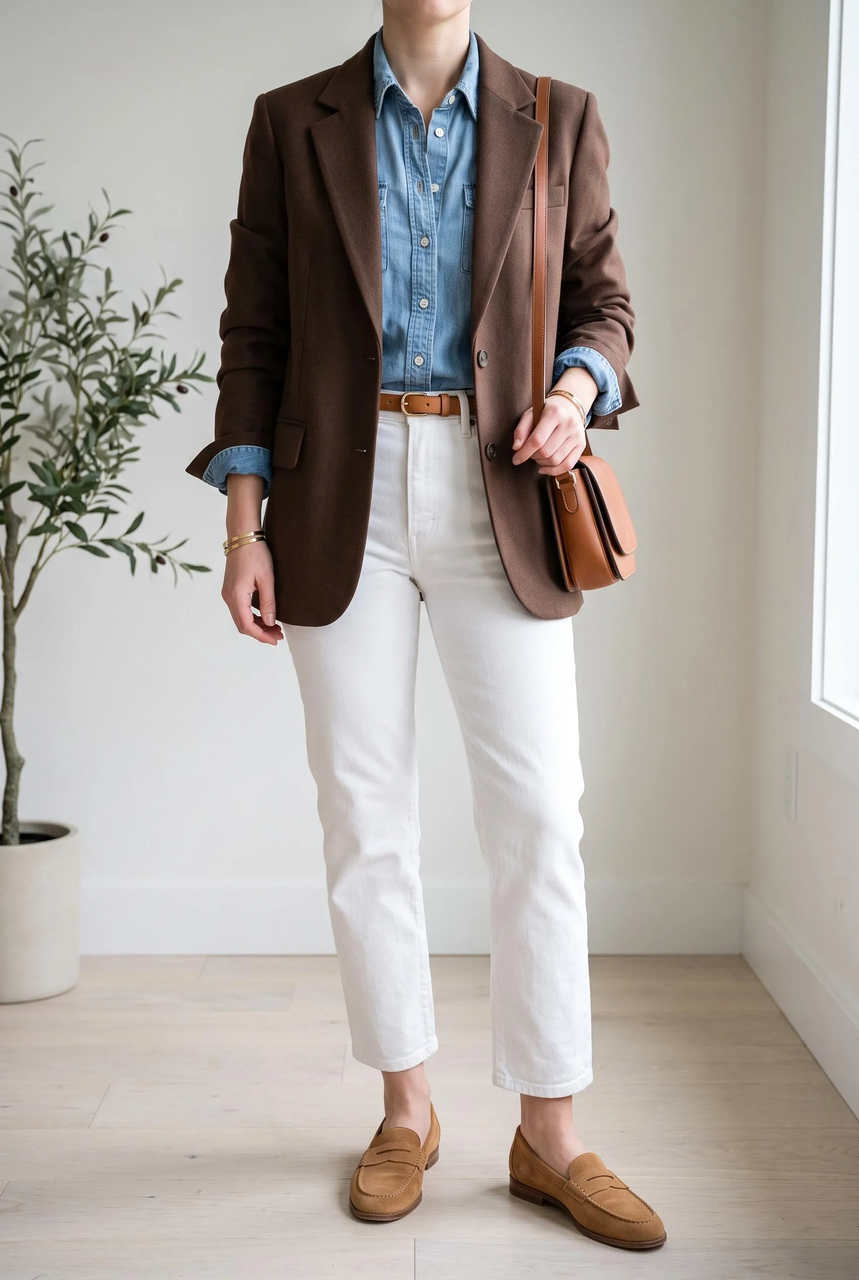 Brown blazer over a light denim shirt with white jeans and tan loafers