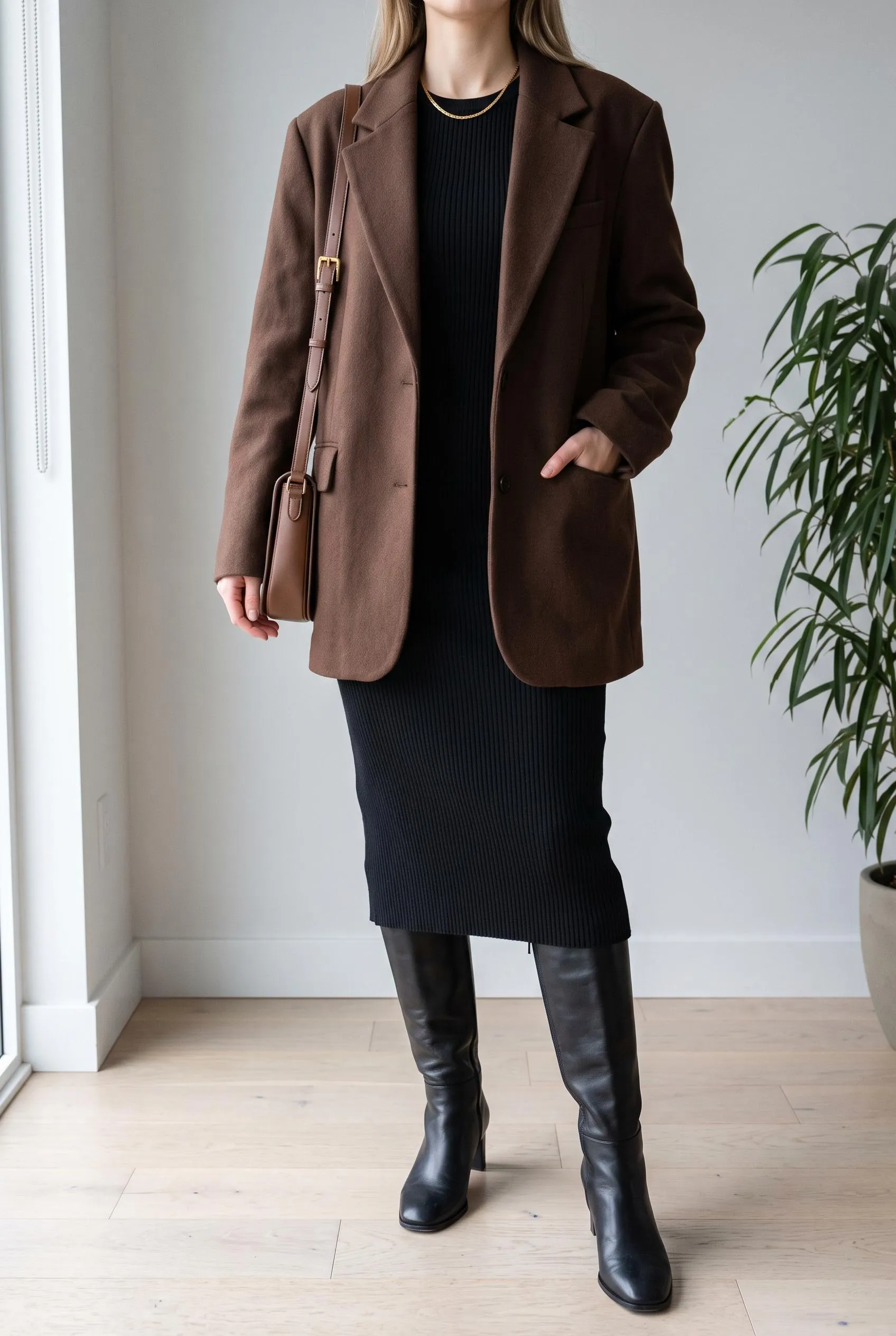 Oversized brown blazer over a black knit midi dress with black knee-high boots