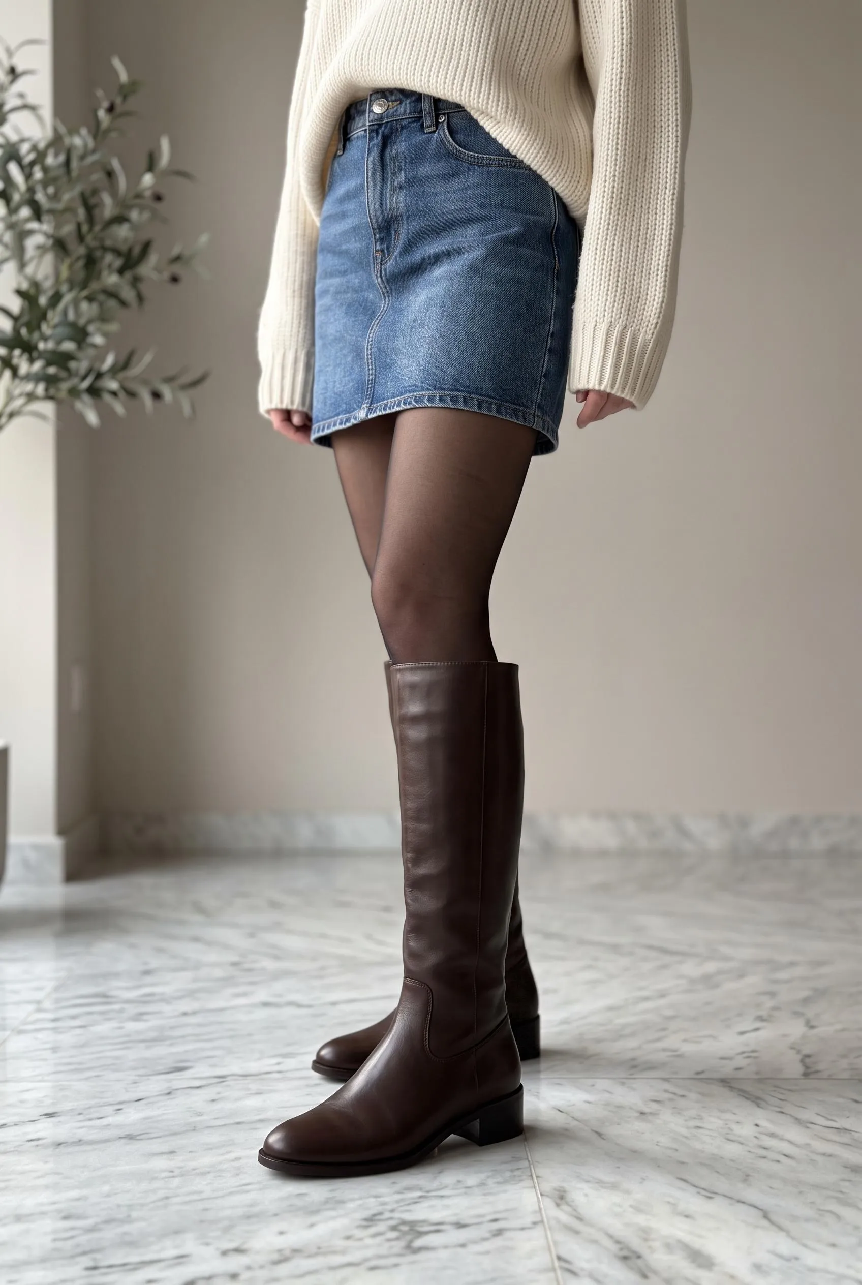 Dark chocolate knee-high boots with a denim mini skirt, sheer tights and a cream sweater