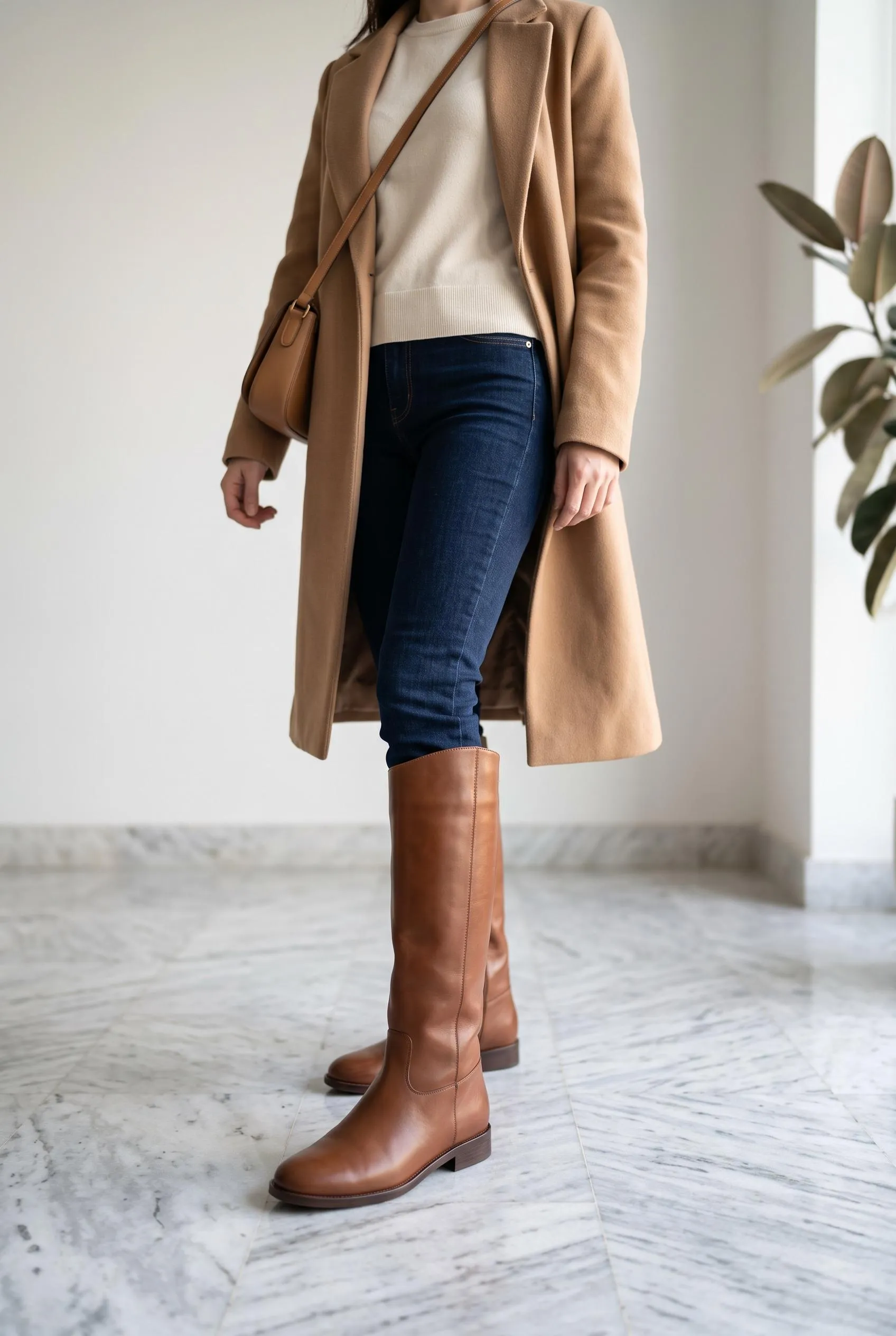 Slim dark jeans tucked into mid-brown riding boots with a cream sweater and camel coat