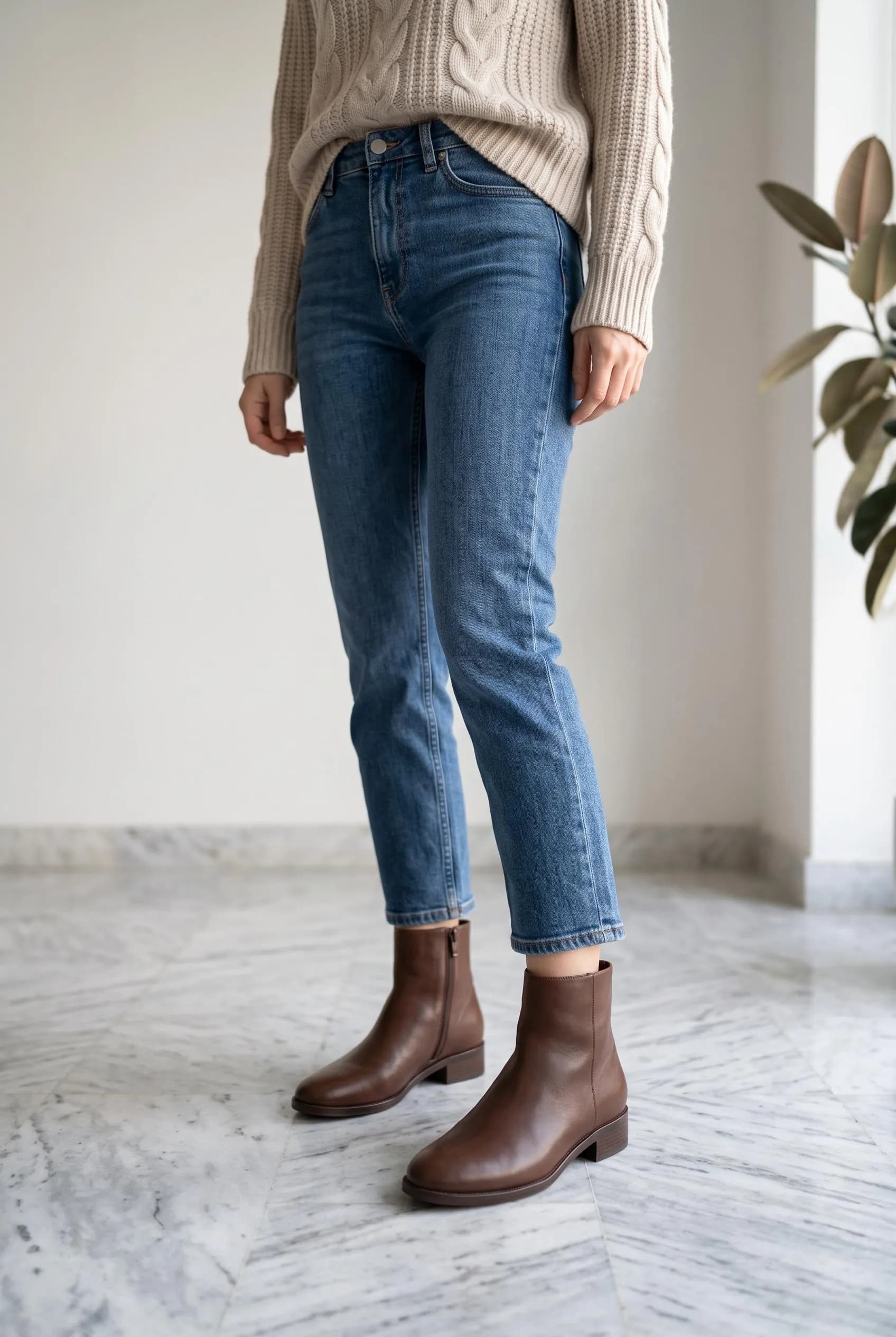 Chocolate brown ankle boots with cropped straight jeans and a tucked-in knit