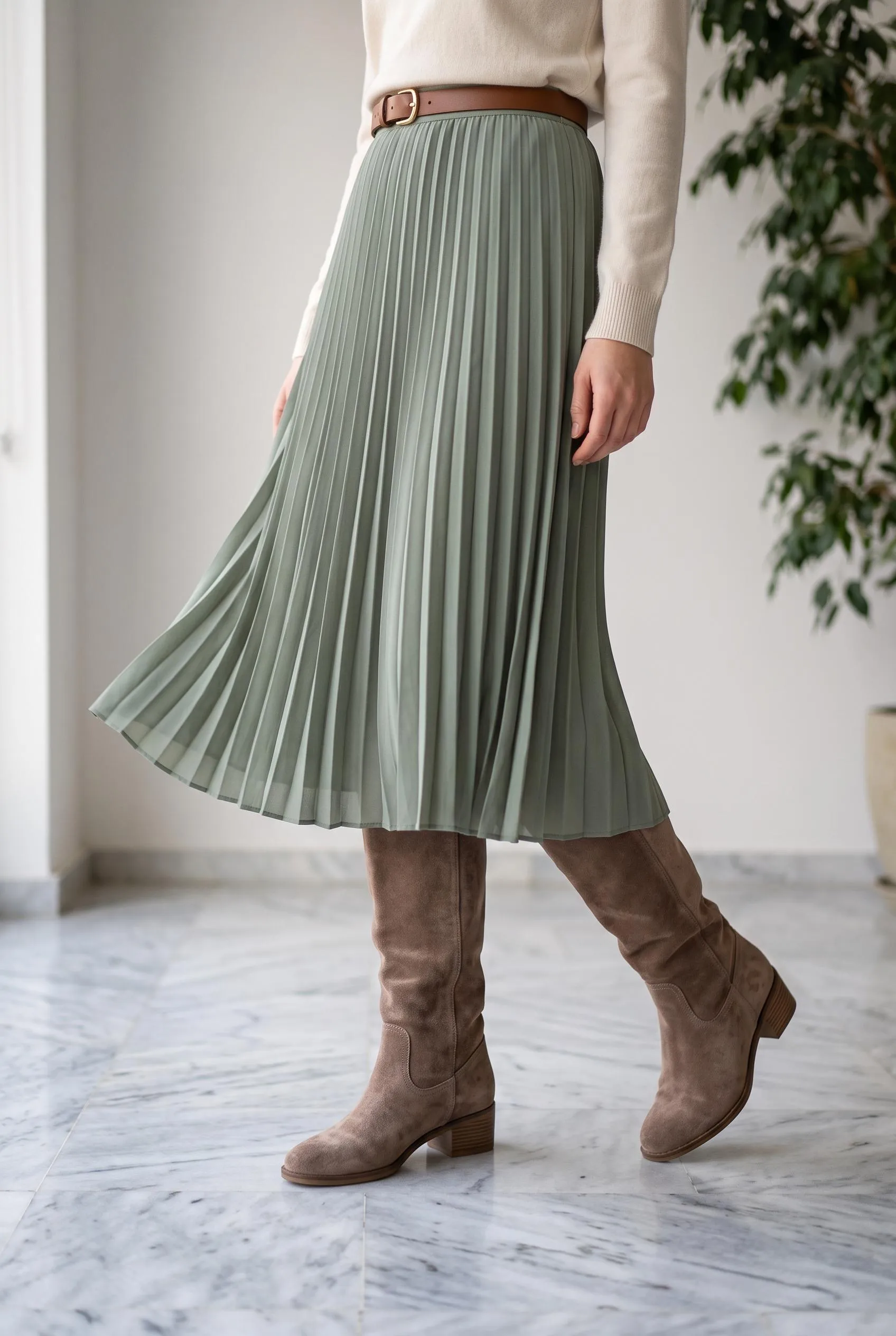 Taupe brown suede knee boots under a sage pleated midi skirt with a cream knit and belt
