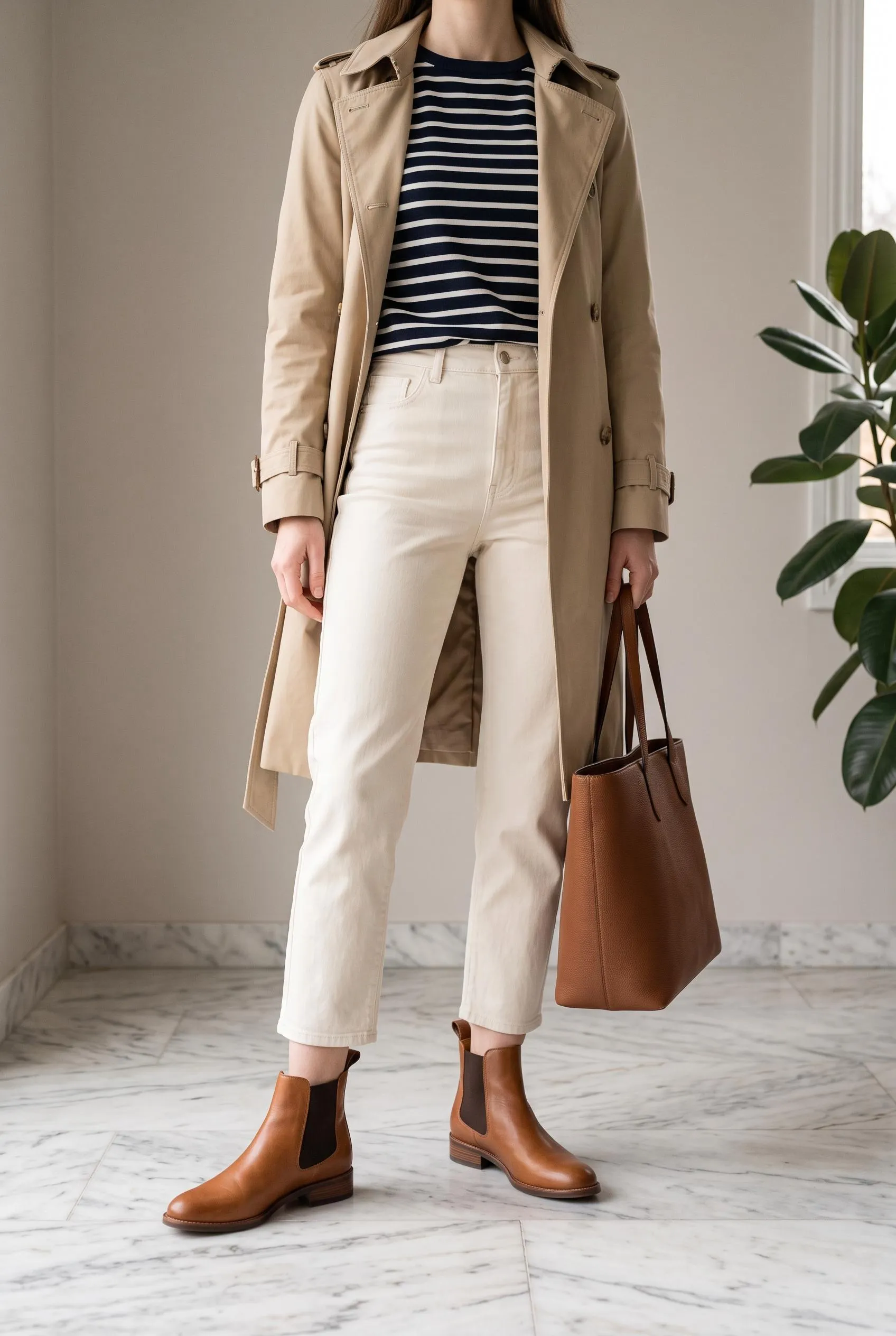 Tan Chelsea ankle boots with cream trousers, a striped top, trench coat and brown tote