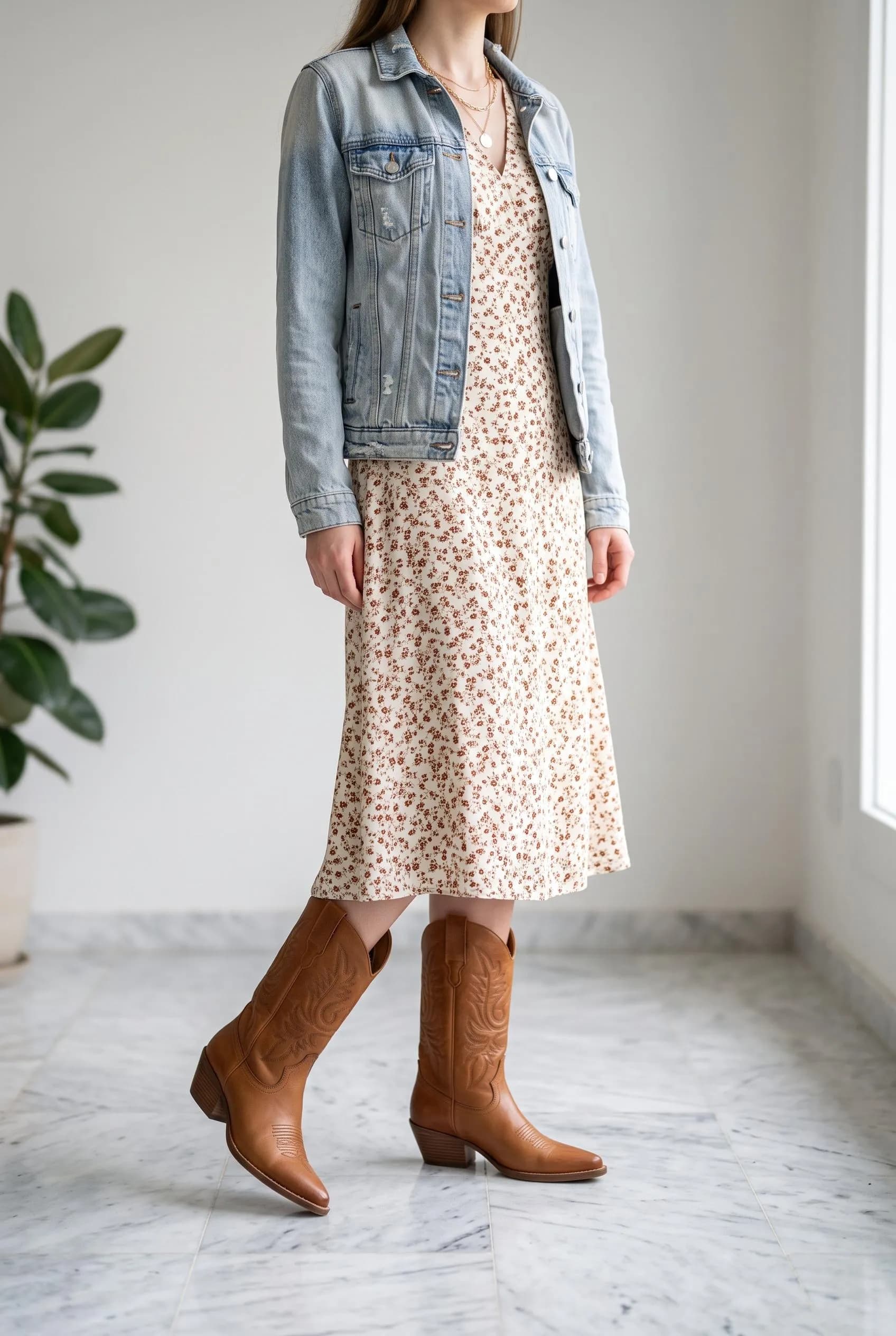 Tan western boots with a cream floral midi dress and a light denim jacket