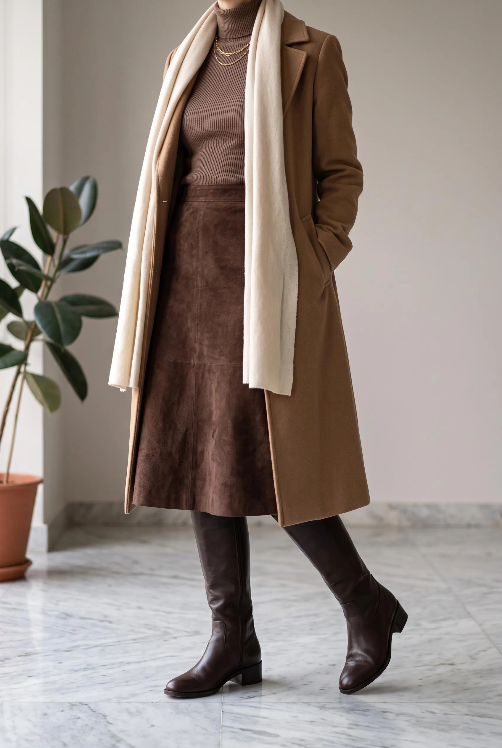 Espresso leather knee boots with a chocolate suede midi skirt, mocha turtleneck, long coat and cream scarf