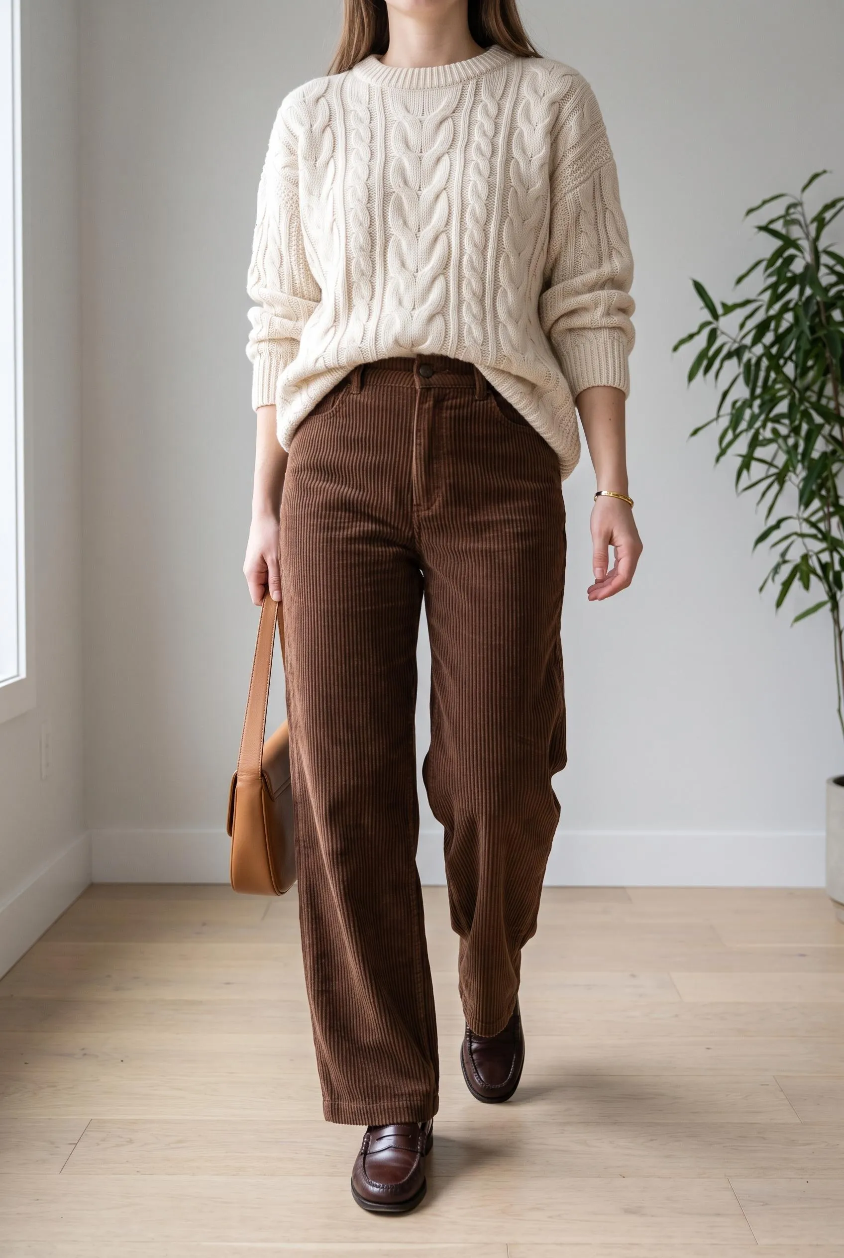 Chunky cream cable knit with chocolate brown corduroy wide-leg pants and brown loafers