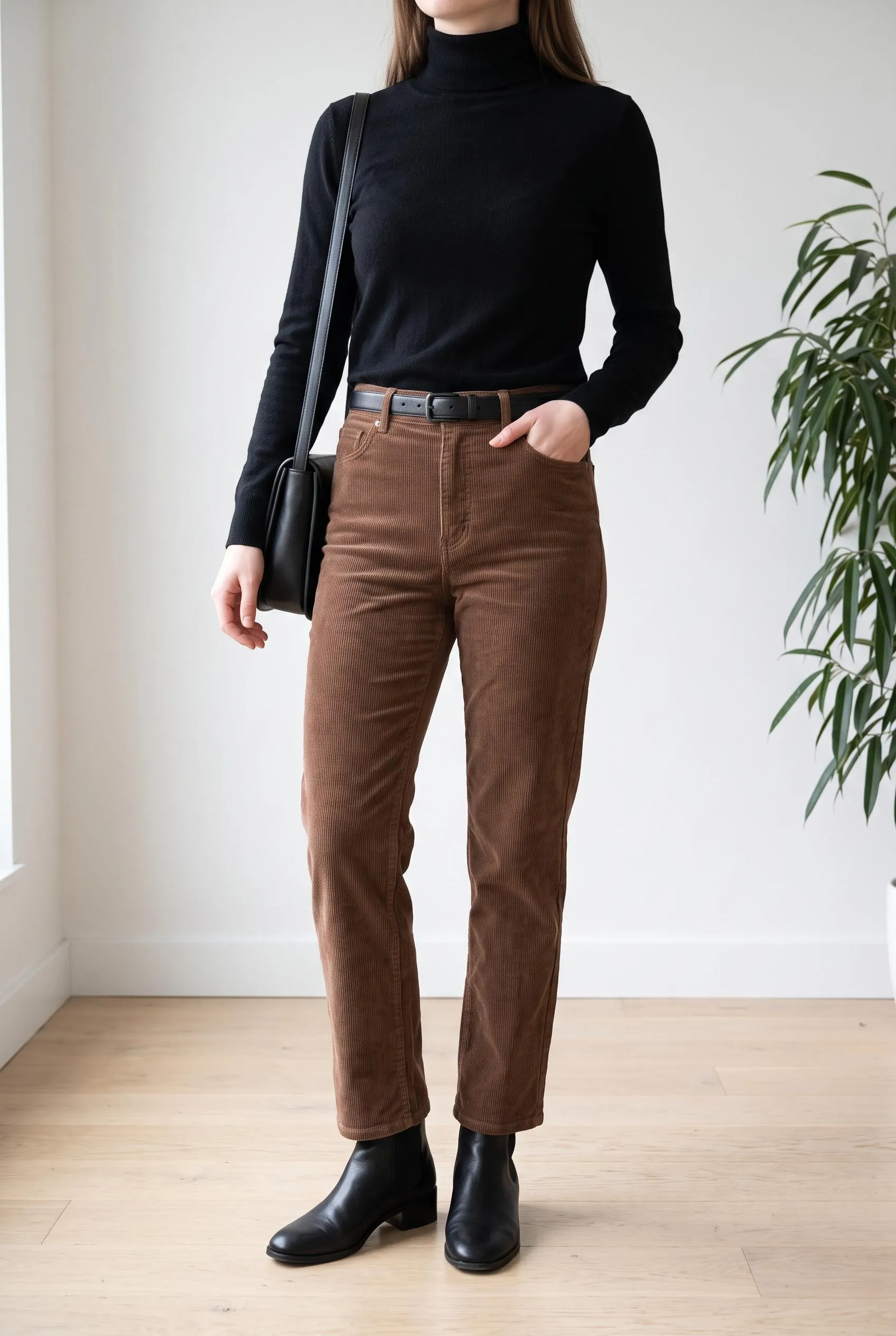 Black turtleneck with brown corduroy straight-leg pants and black ankle boots