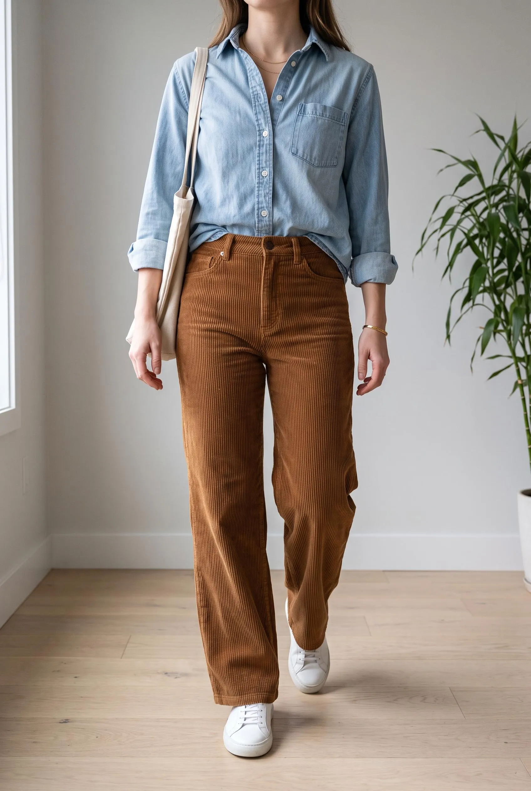 Light-wash denim shirt with tobacco brown corduroy wide-leg pants and white sneakers