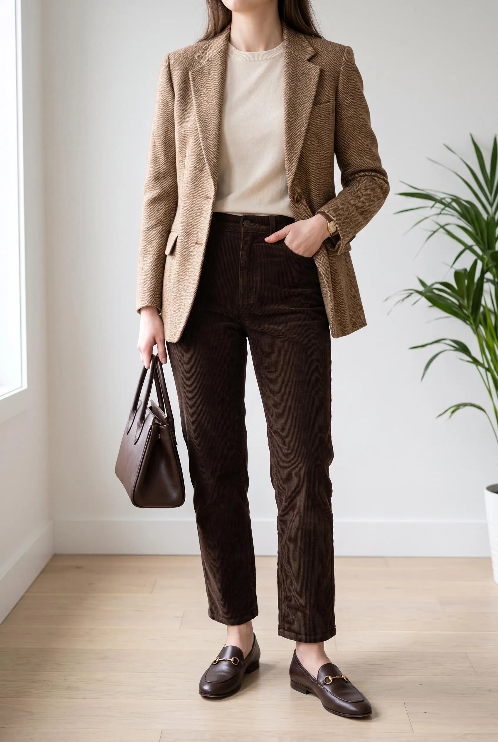 Camel tweed blazer and cream top with dark brown corduroy pants and horsebit loafers