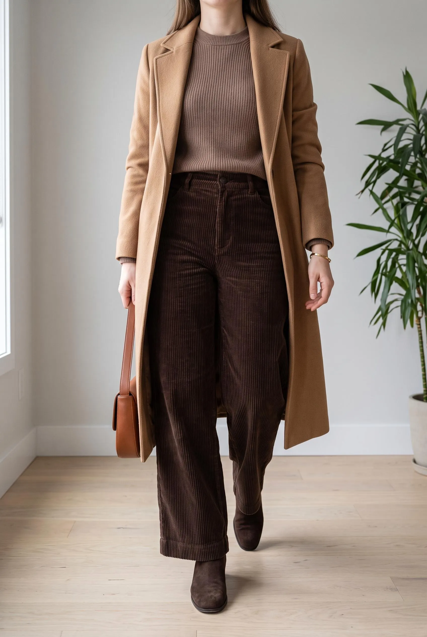 Camel coat and mocha knit with dark brown corduroy wide-leg pants and suede boots