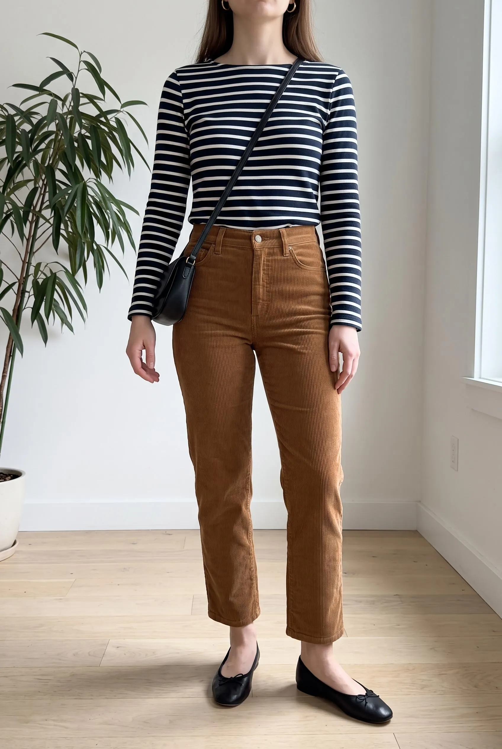 Navy Breton striped top with caramel corduroy straight-leg pants and black ballet flats
