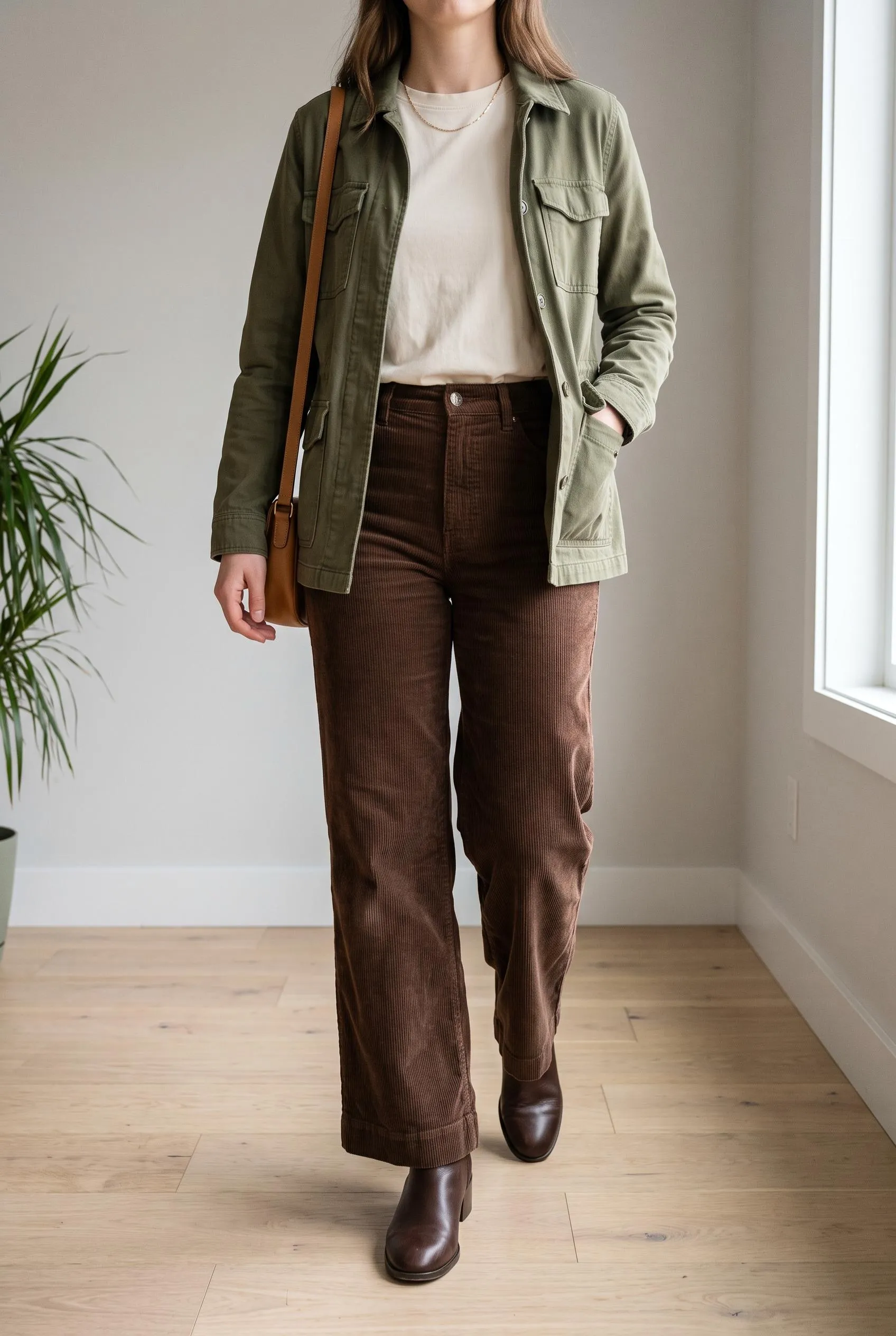 Olive utility jacket and cream tee with brown corduroy wide-leg pants and ankle boots