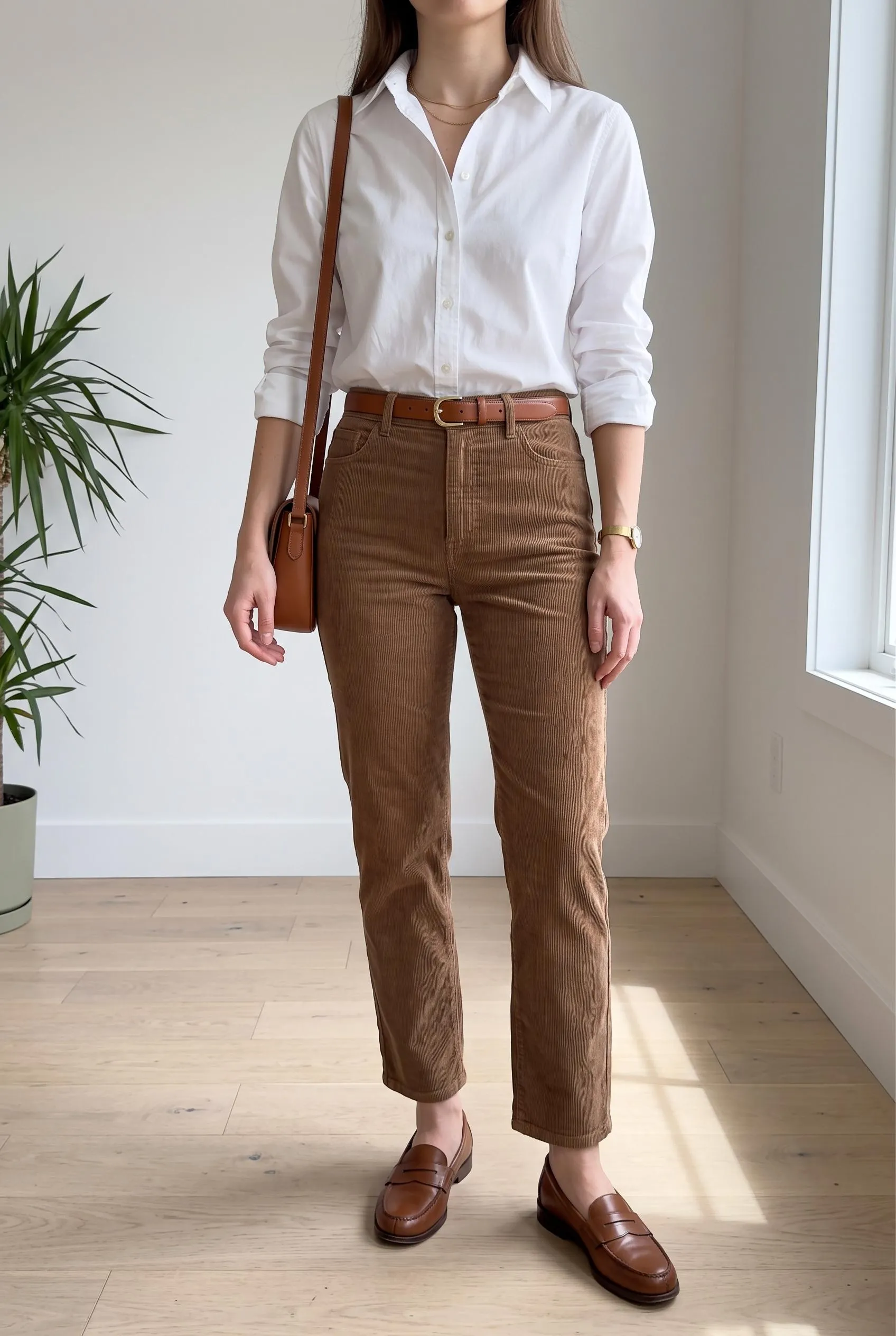 Crisp white shirt and cognac belt with brown corduroy pants and penny loafers