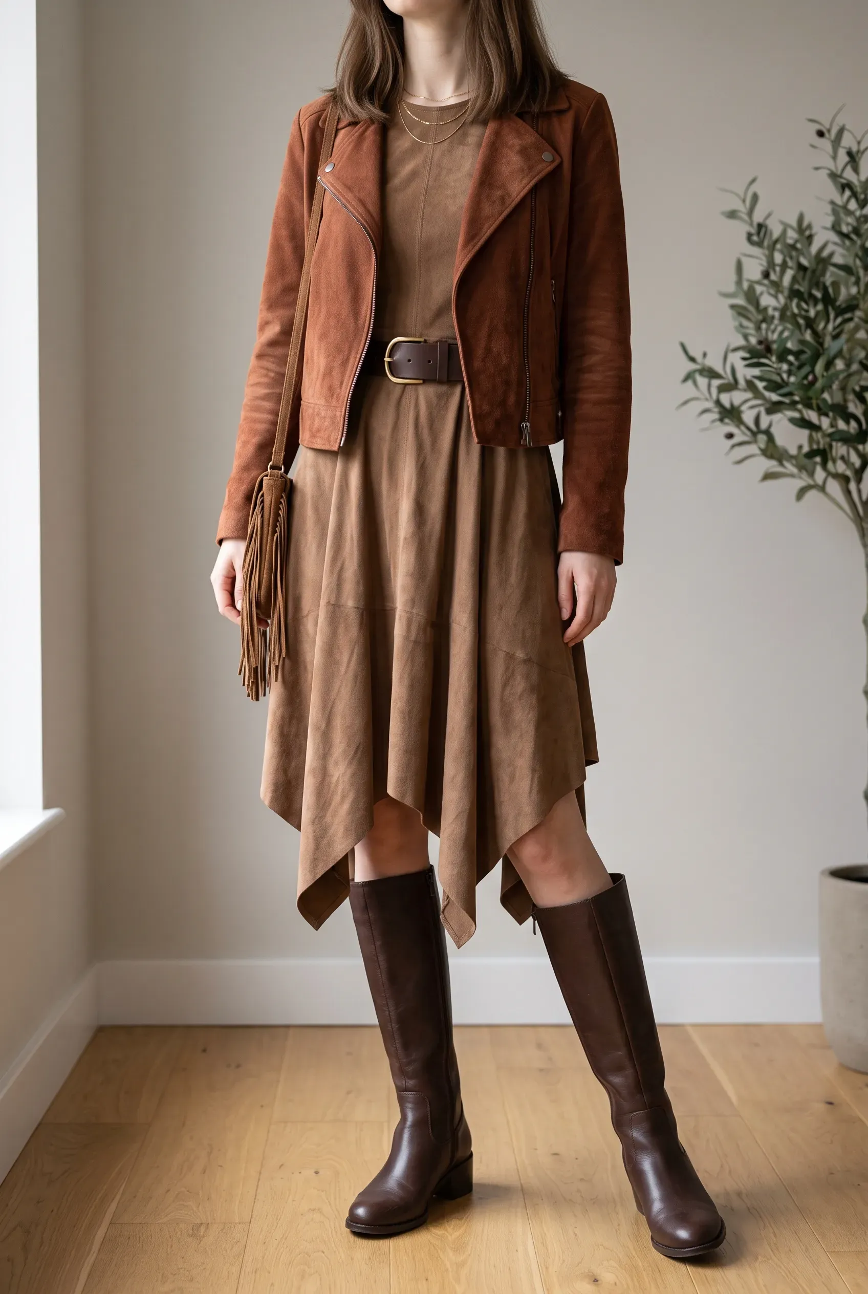 Brown suede dress with a handkerchief hem, rust suede moto jacket, wide belt and tall brown boots
