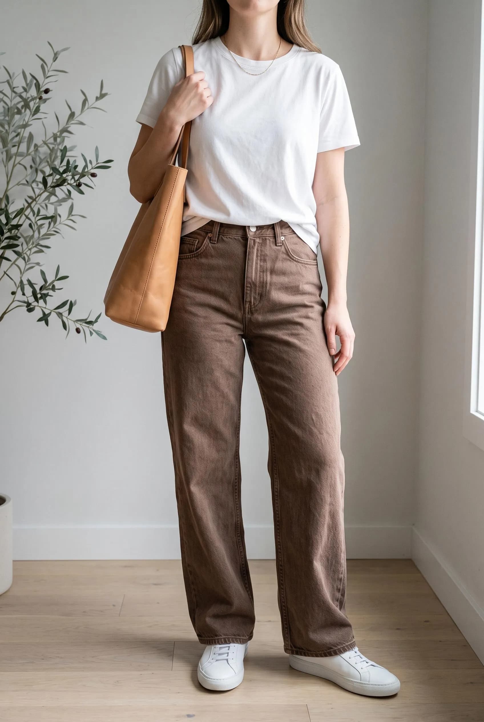 White tee with mocha brown wide-leg jeans, a tan tote and white sneakers