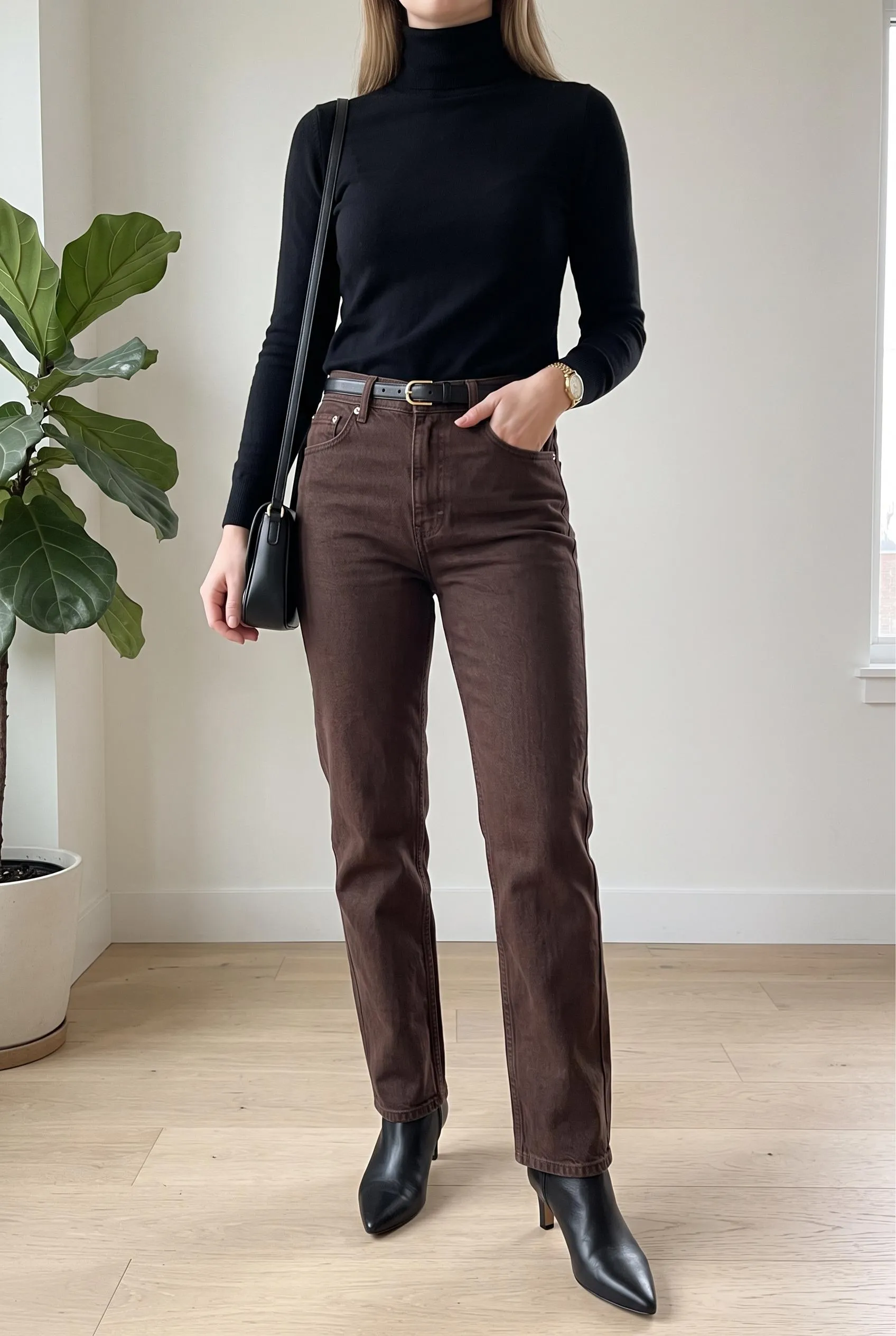 Black turtleneck with dark brown straight-leg jeans and pointed black ankle boots