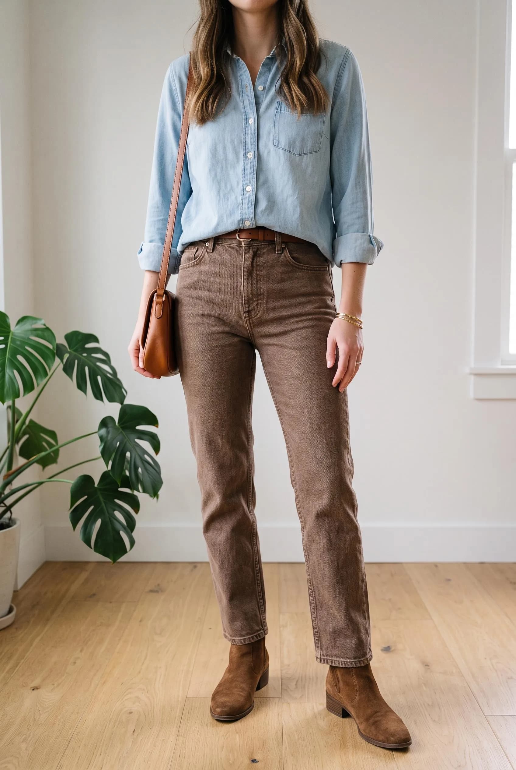 Light blue denim shirt with mocha brown jeans and brown suede ankle boots