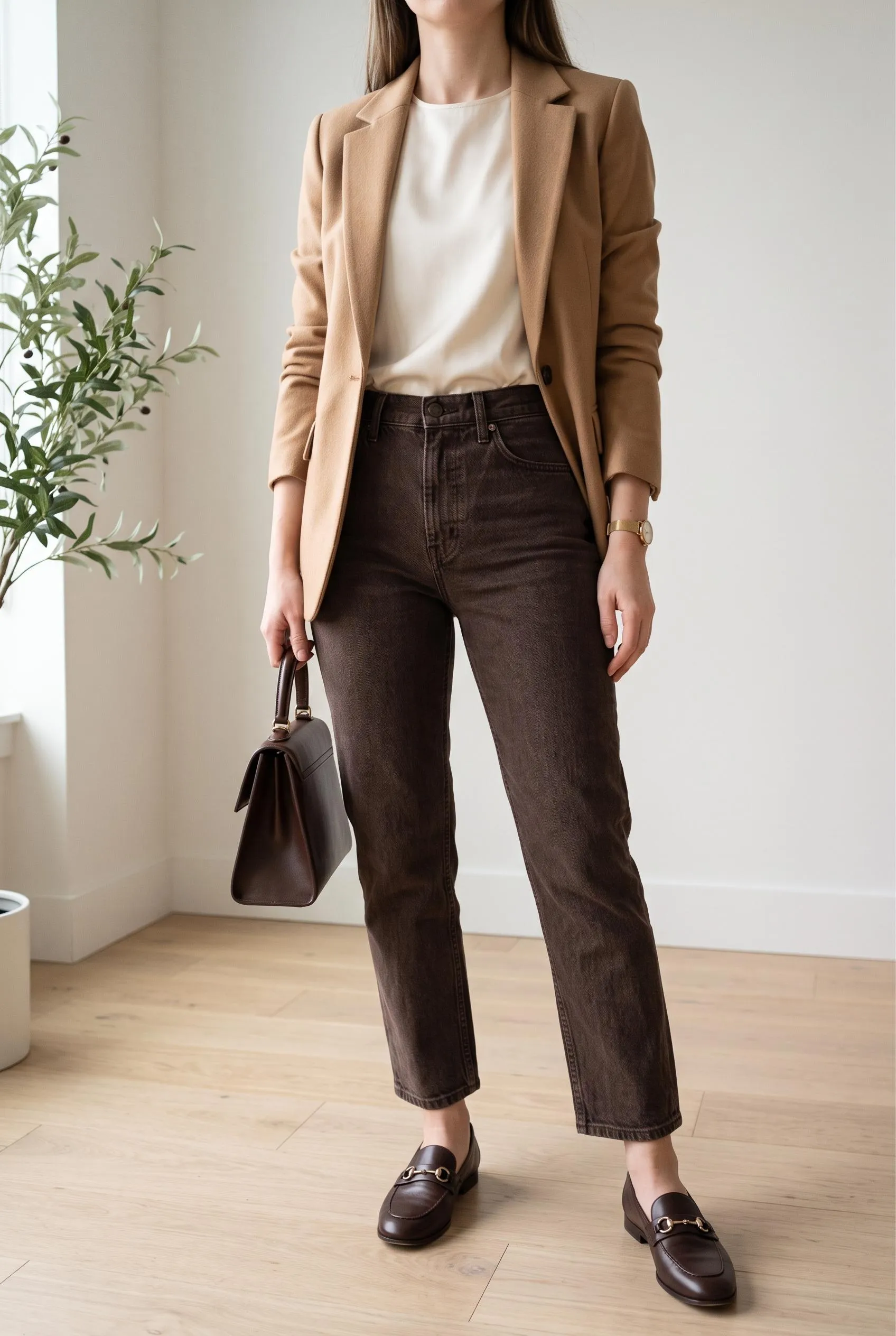 Camel blazer and cream top with dark brown jeans and horsebit loafers