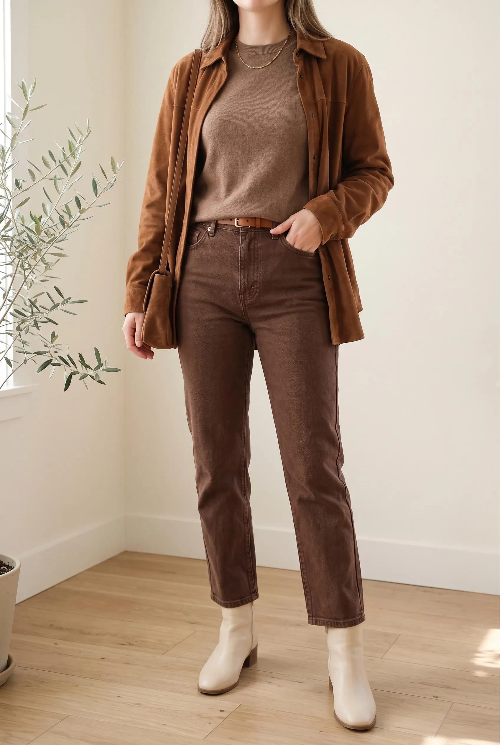 Tonal brown outfit with a suede jacket, mocha knit, brown jeans and cream boots
