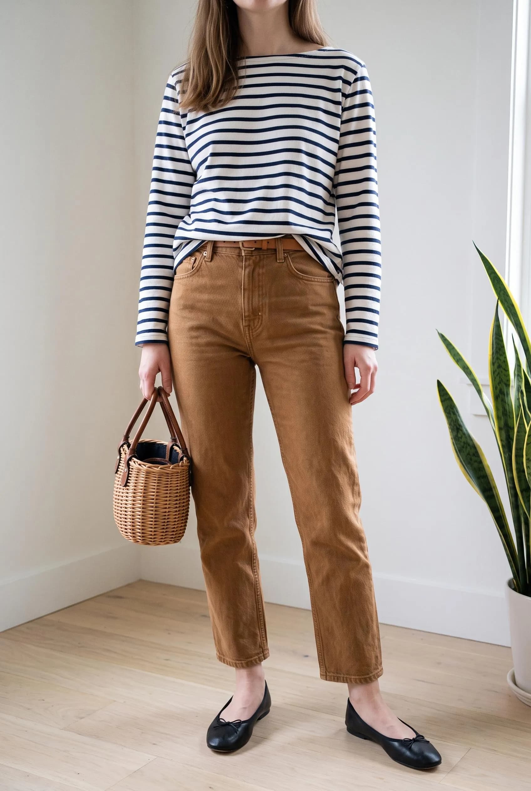 Navy Breton striped top with caramel brown jeans, a basket bag and black ballet flats