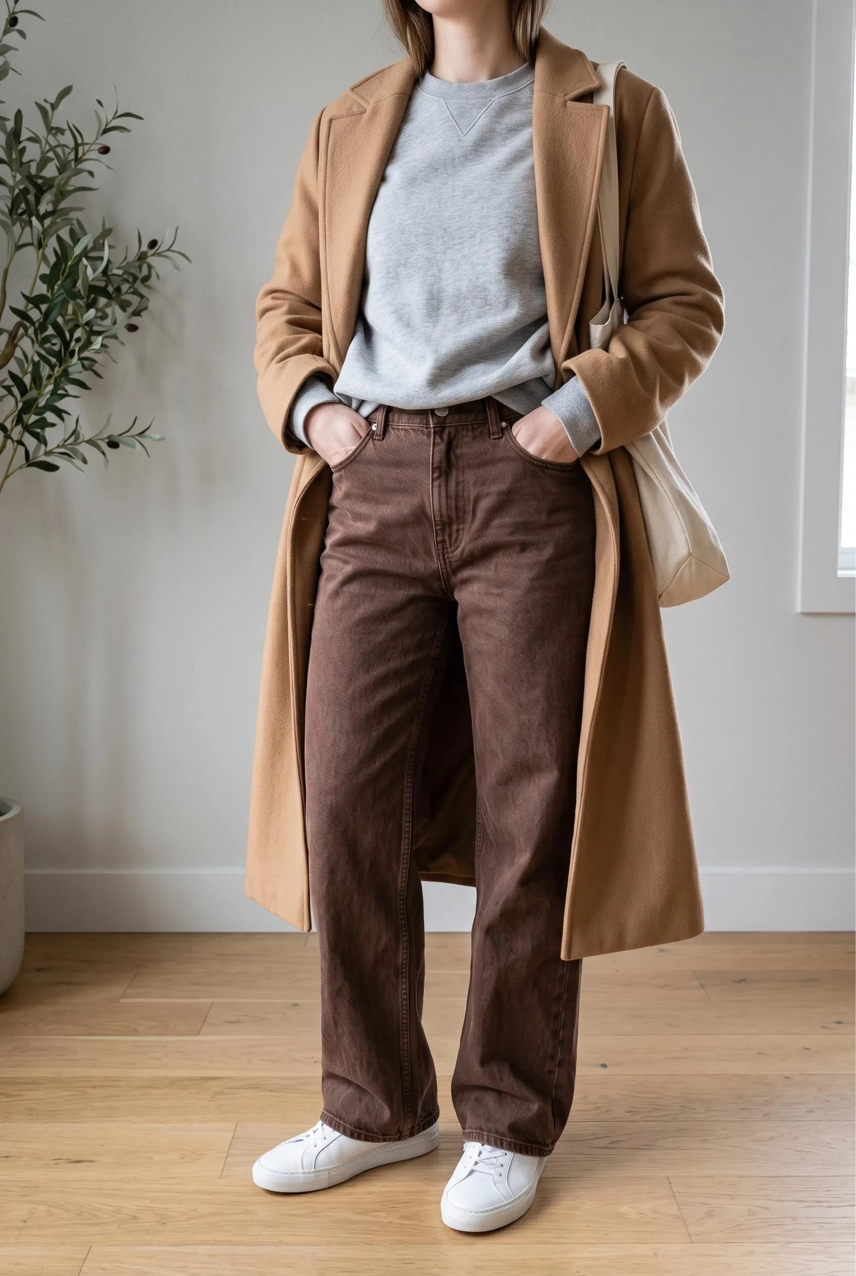Grey sweatshirt and long camel coat with chocolate brown wide-leg jeans and white sneakers