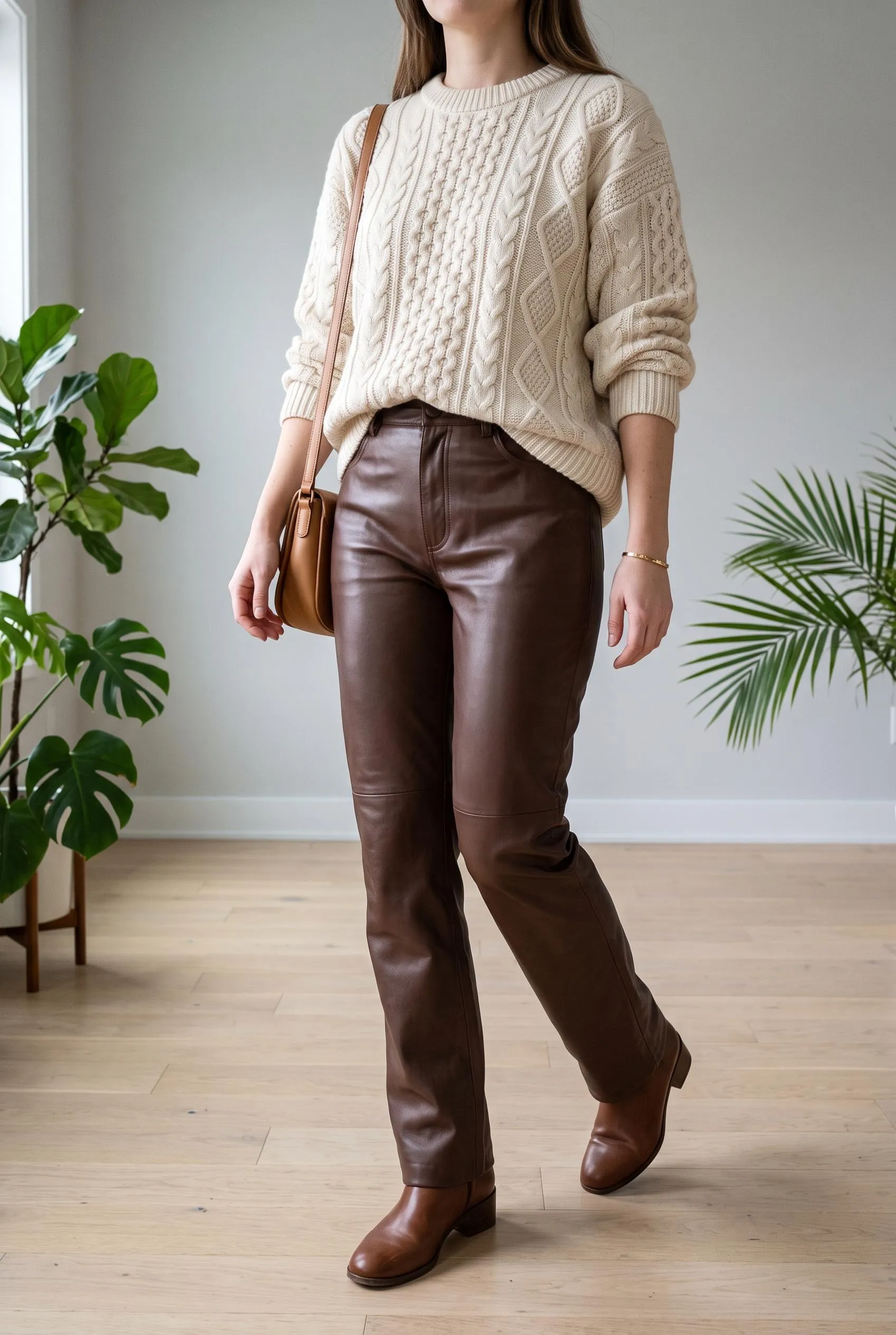 Chunky cream cable knit with chocolate brown leather straight-leg pants and brown ankle boots