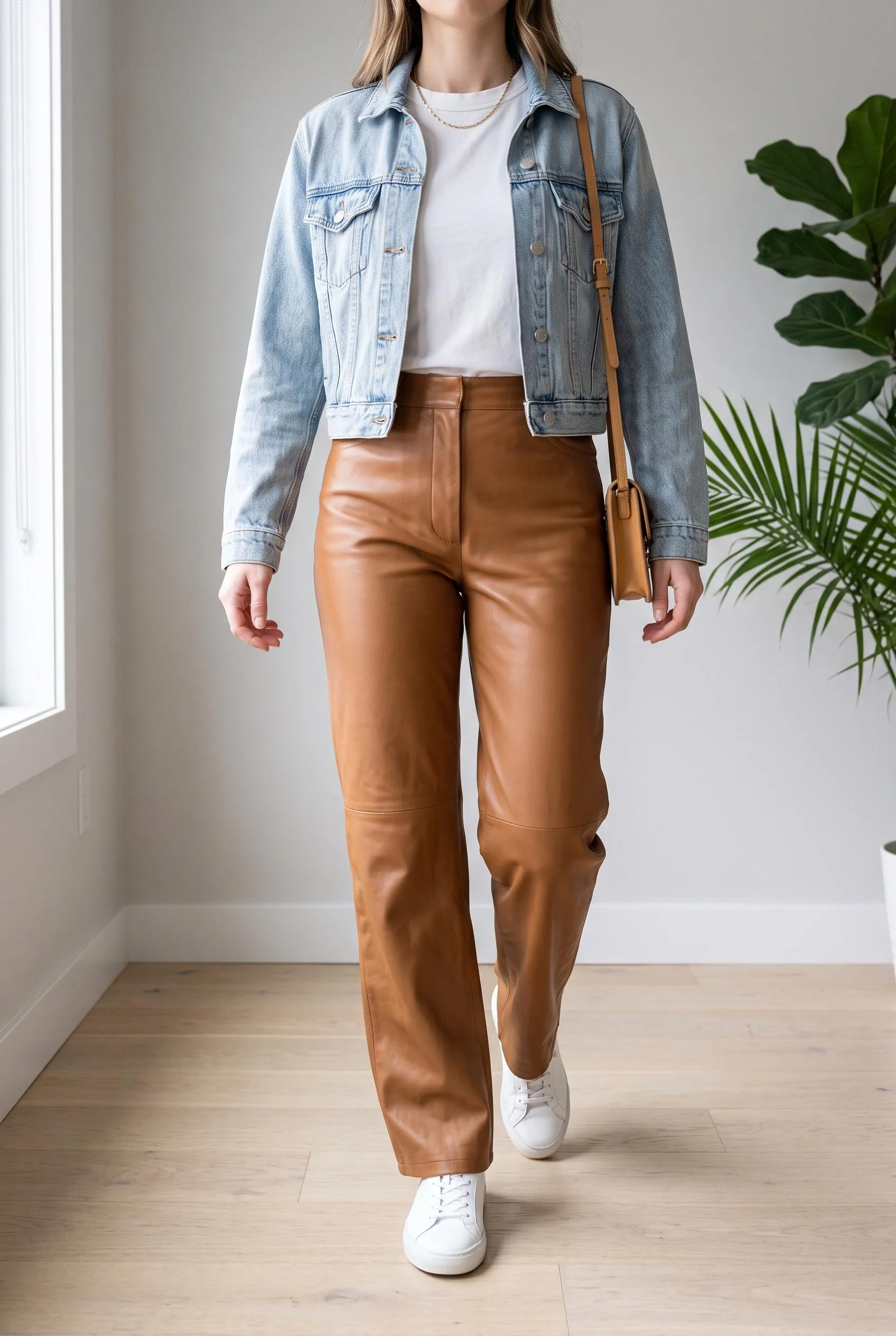 Light denim jacket and white tee with caramel brown leather wide-leg pants and white sneakers