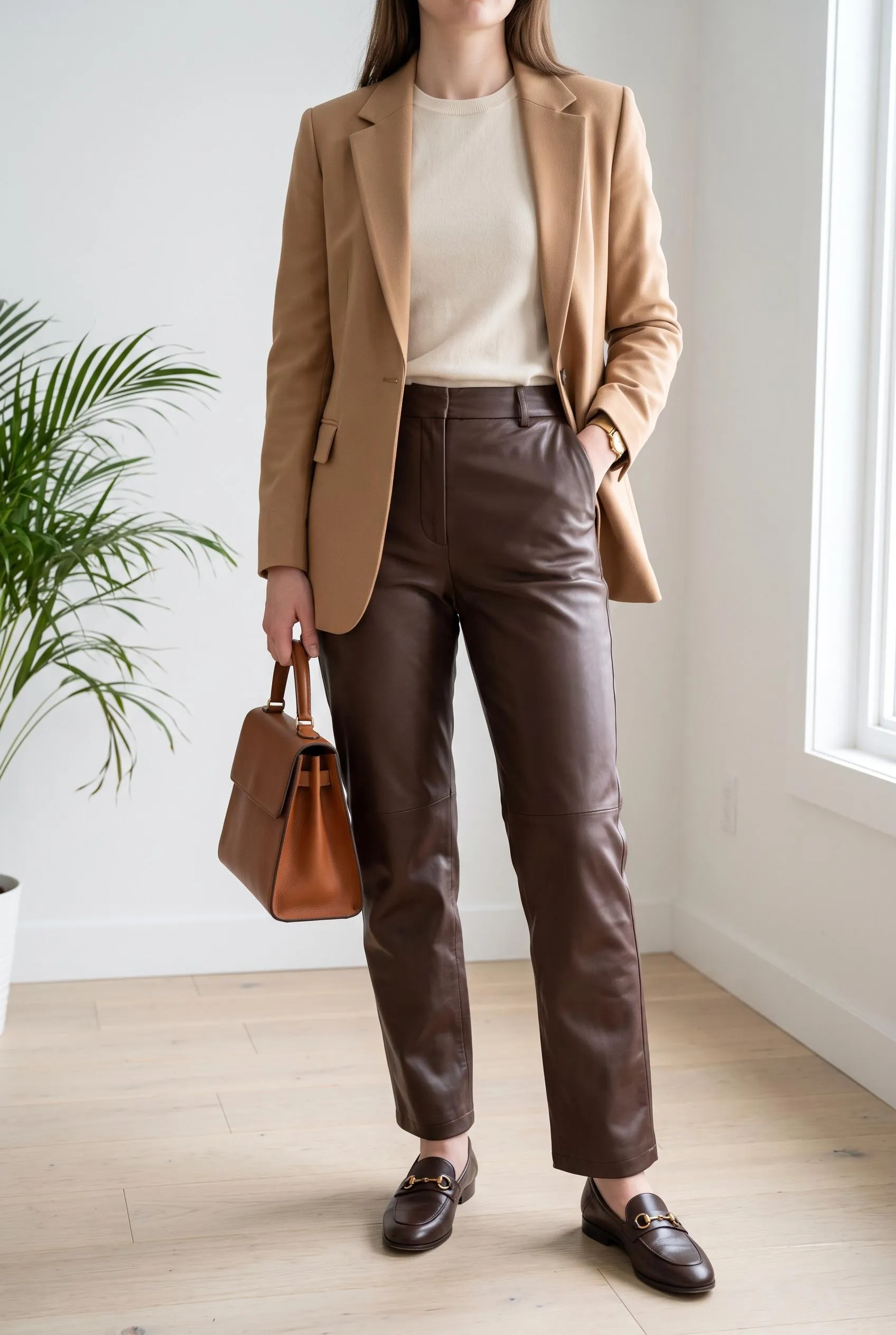Camel blazer and cream top with chocolate brown leather pants and horsebit loafers