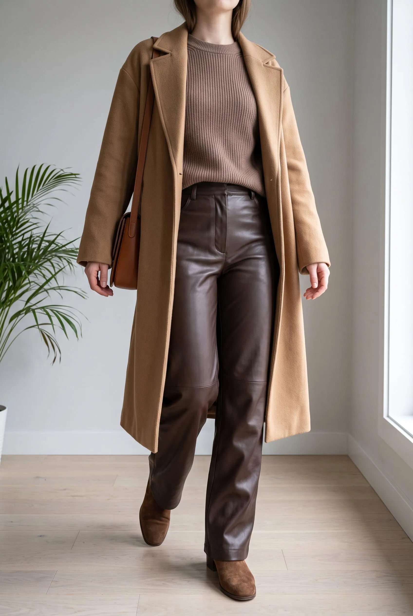 Camel coat and mocha knit with dark brown leather pants and brown suede boots