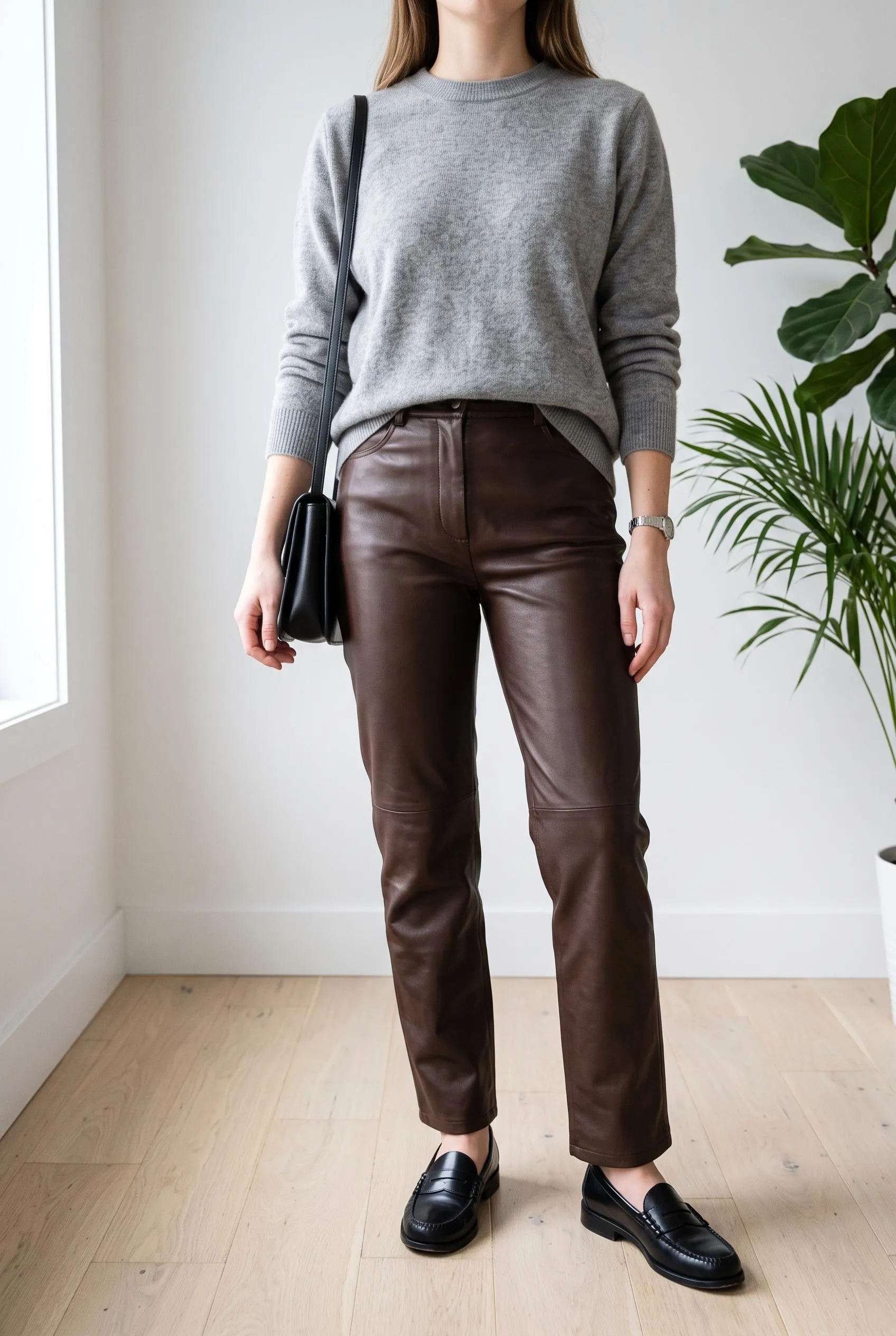 Heather grey sweater with chocolate brown leather pants and black penny loafers