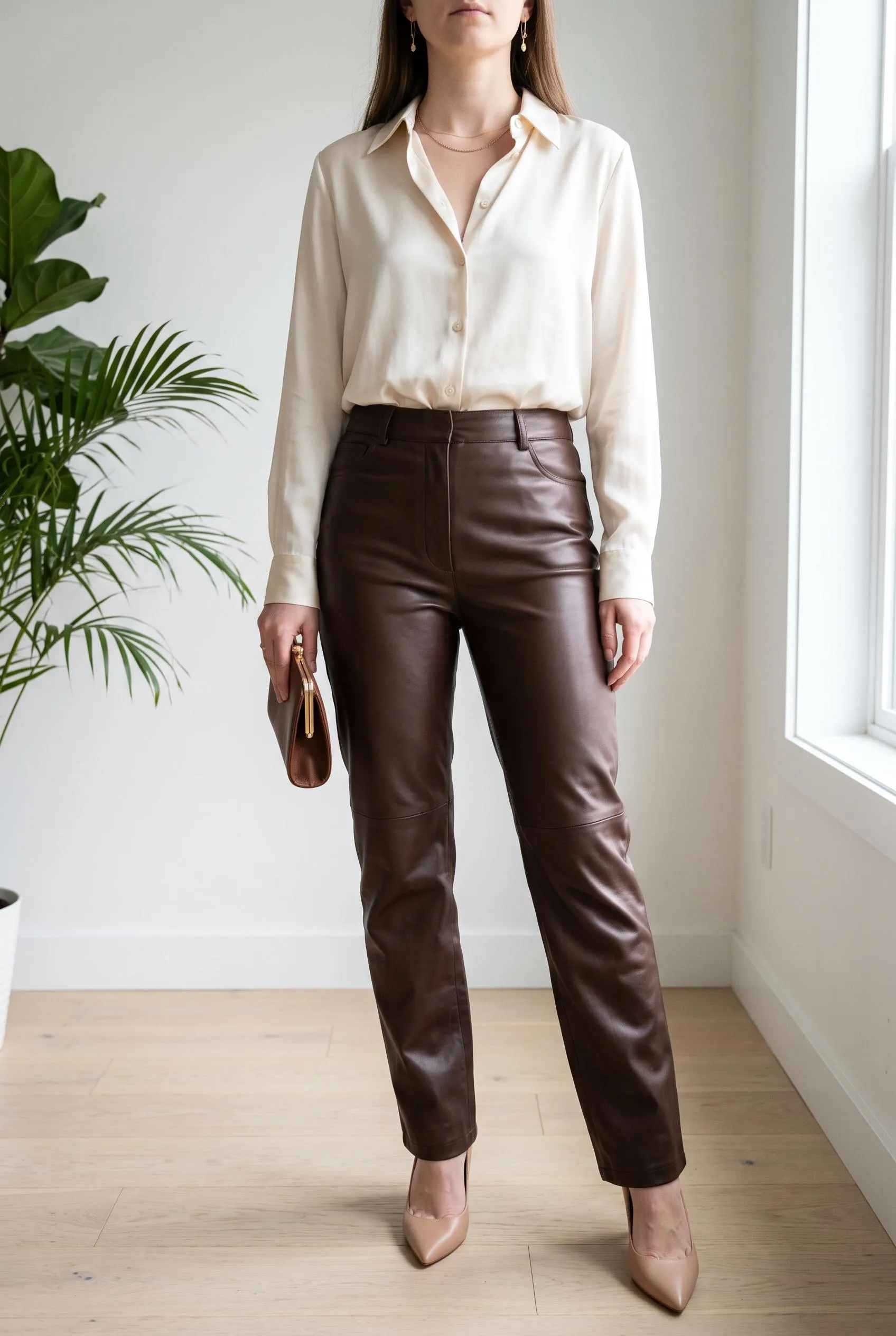 Cream silk blouse with chocolate brown leather pants and nude pointed heels