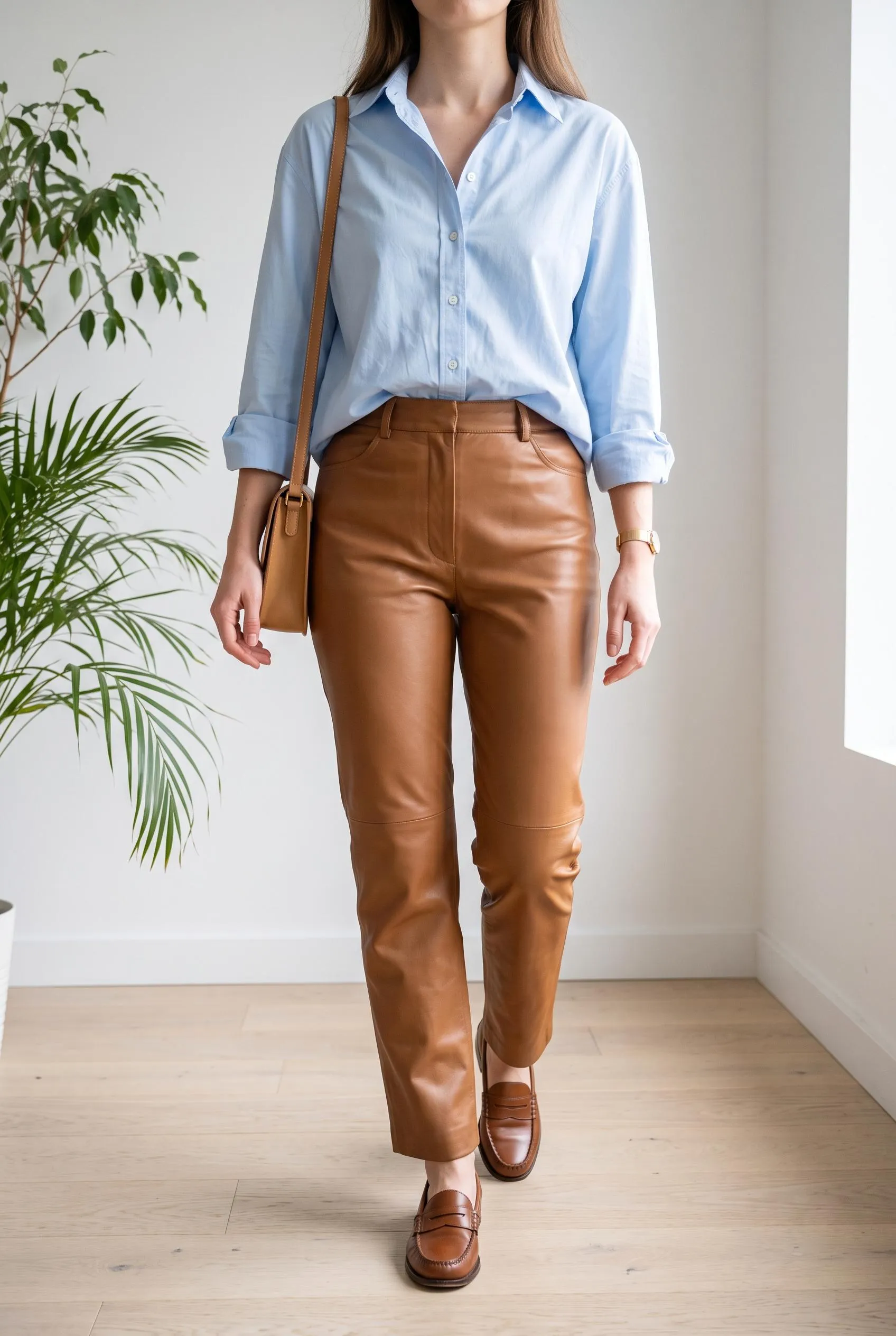 Light blue button-up shirt with caramel brown leather pants and penny loafers