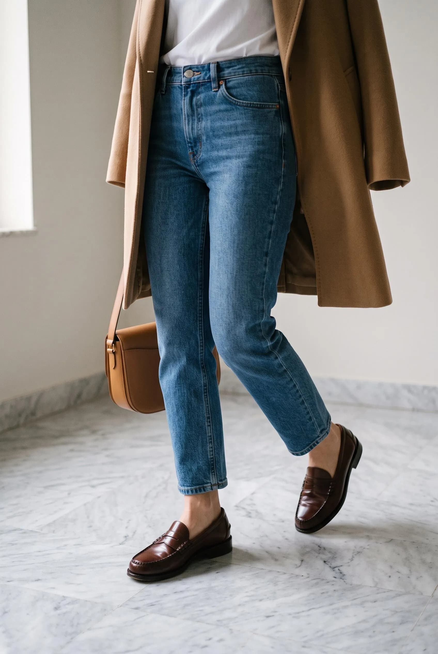 Dark brown penny loafers with cropped straight blue jeans and a camel coat on a marble floor