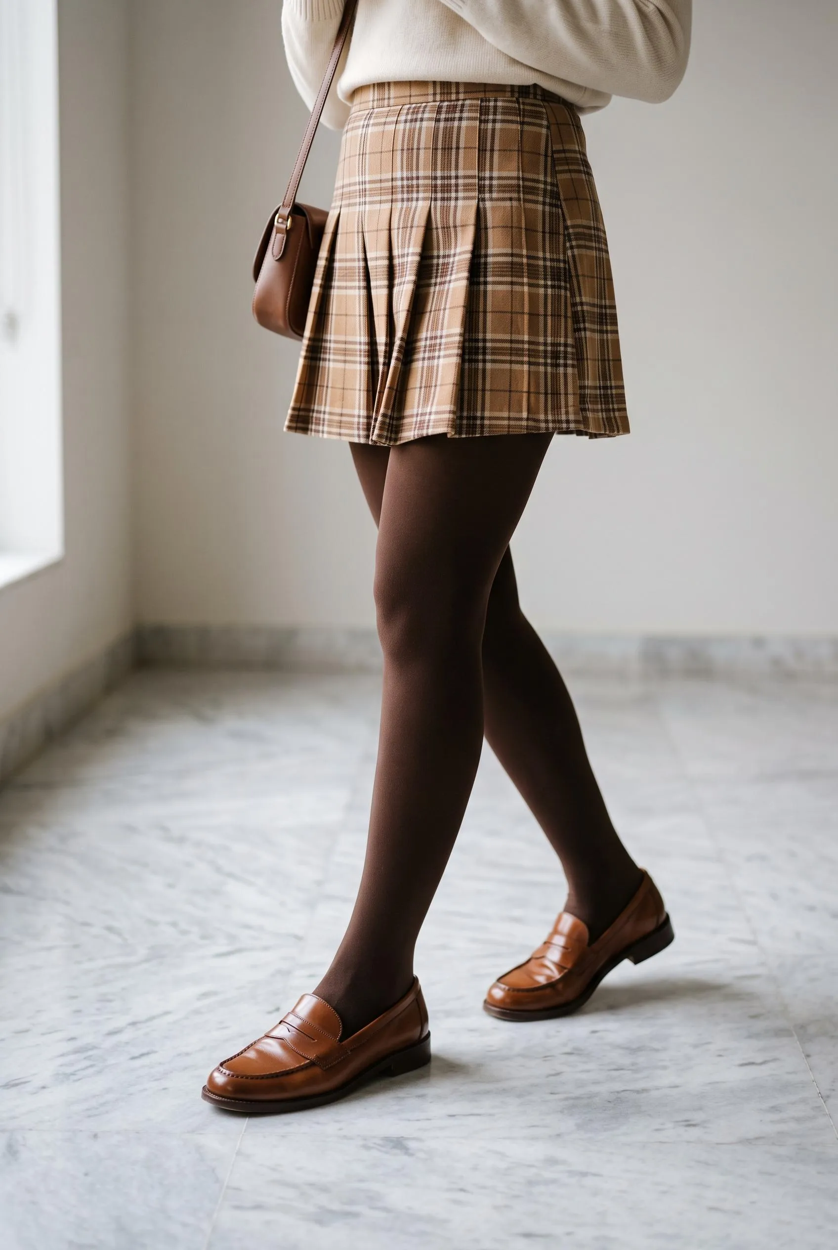Tan penny loafers with a camel plaid pleated mini skirt and brown tights
