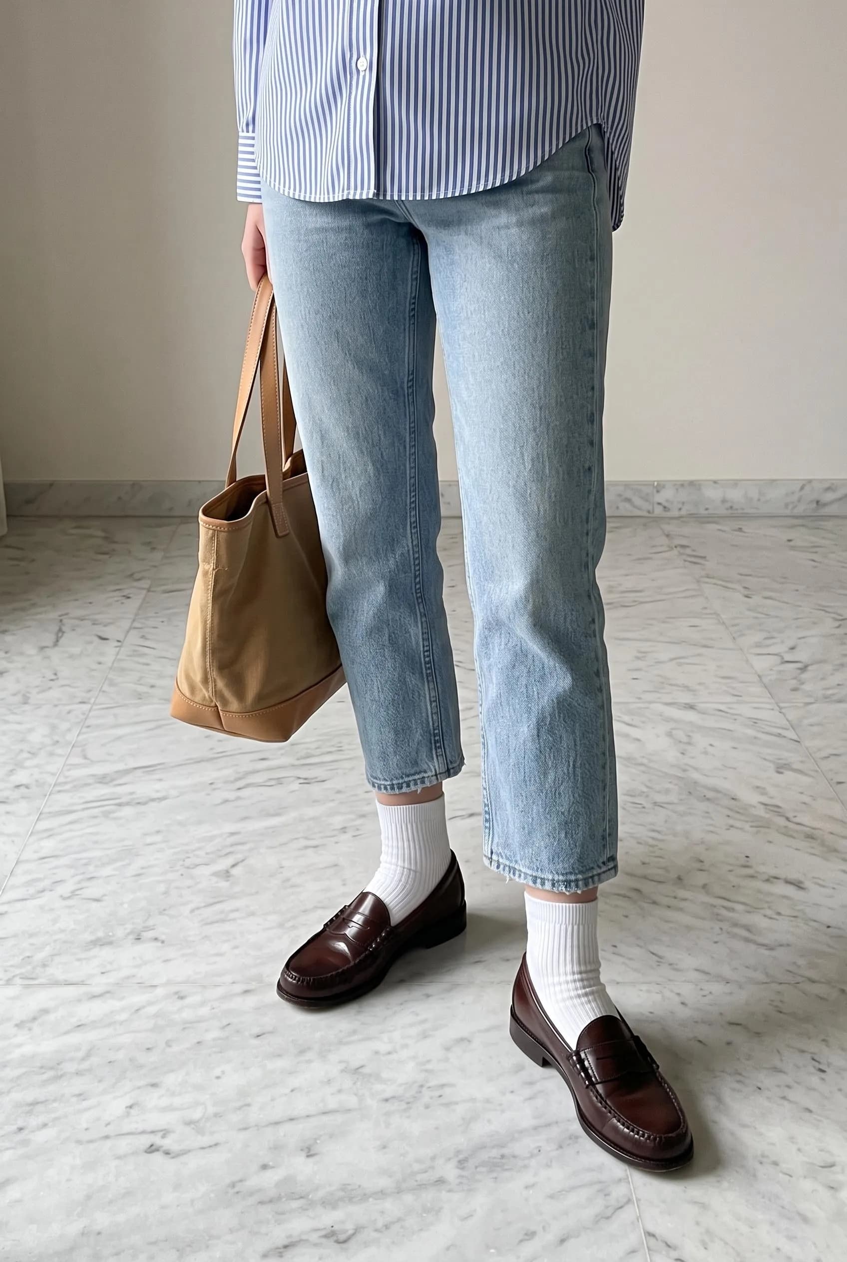 Dark brown penny loafers with white ribbed socks and cropped light-wash jeans