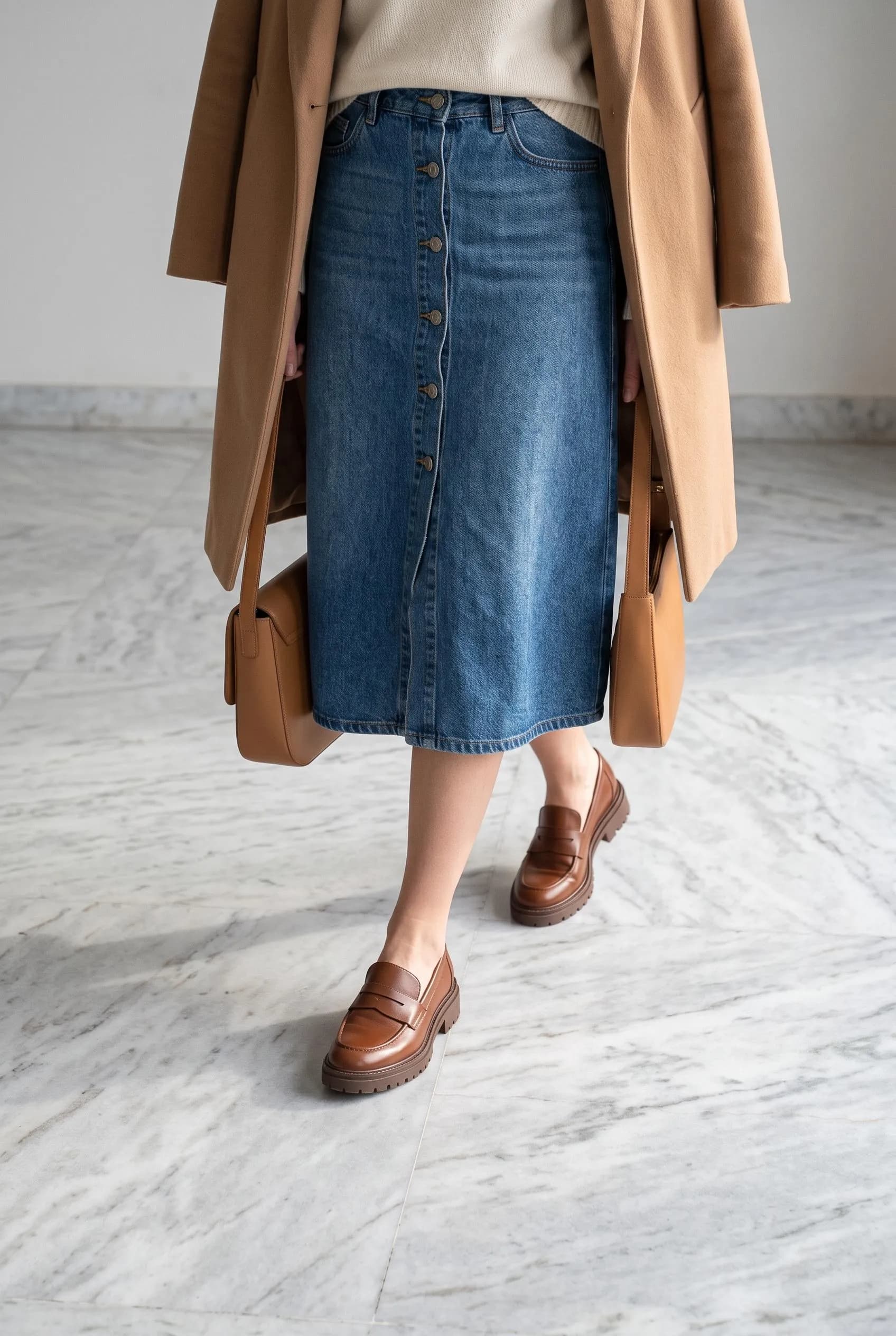 Brown loafers with a button-front denim midi skirt and a camel coat