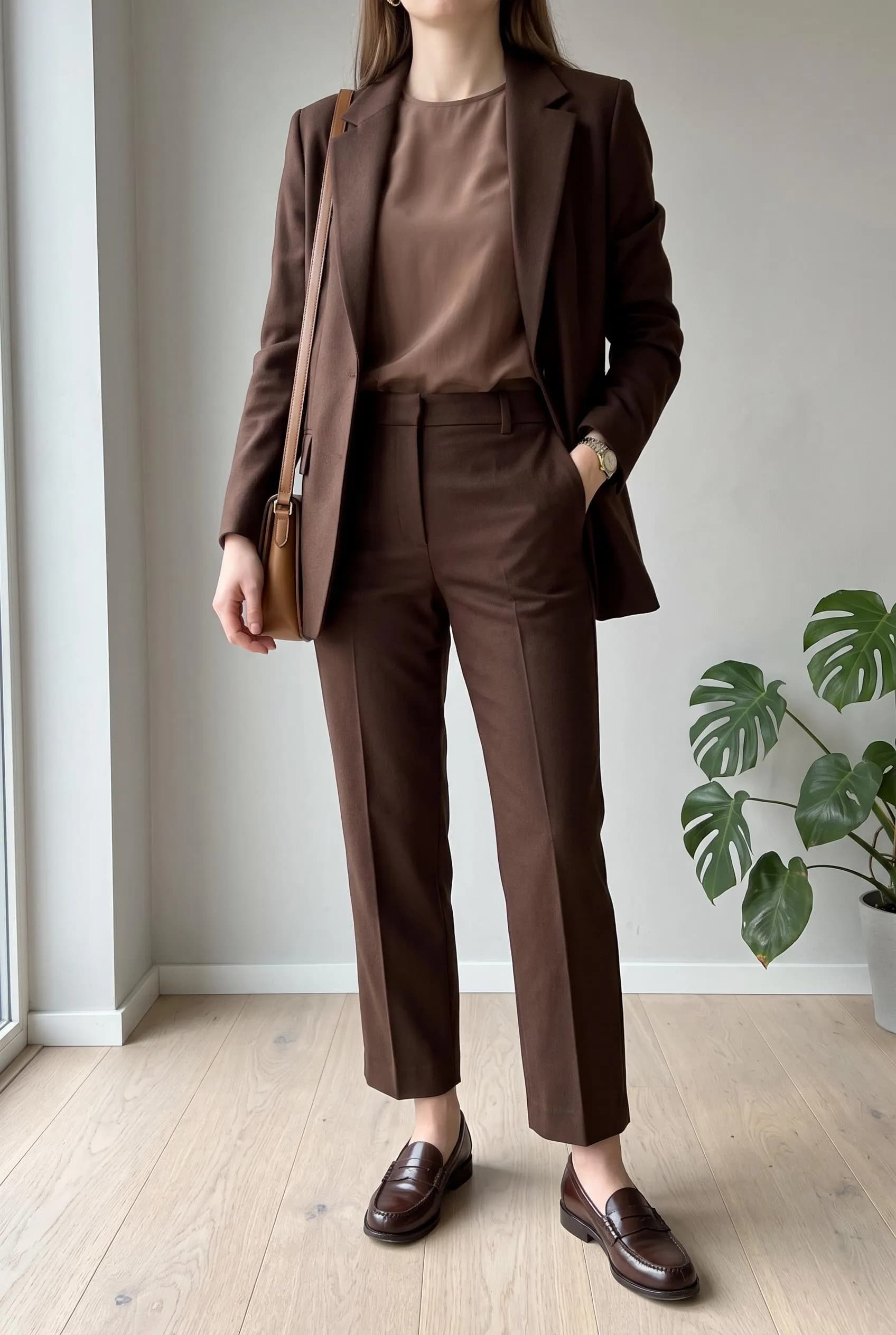 Matching chocolate brown suit with a mocha top and brown loafers