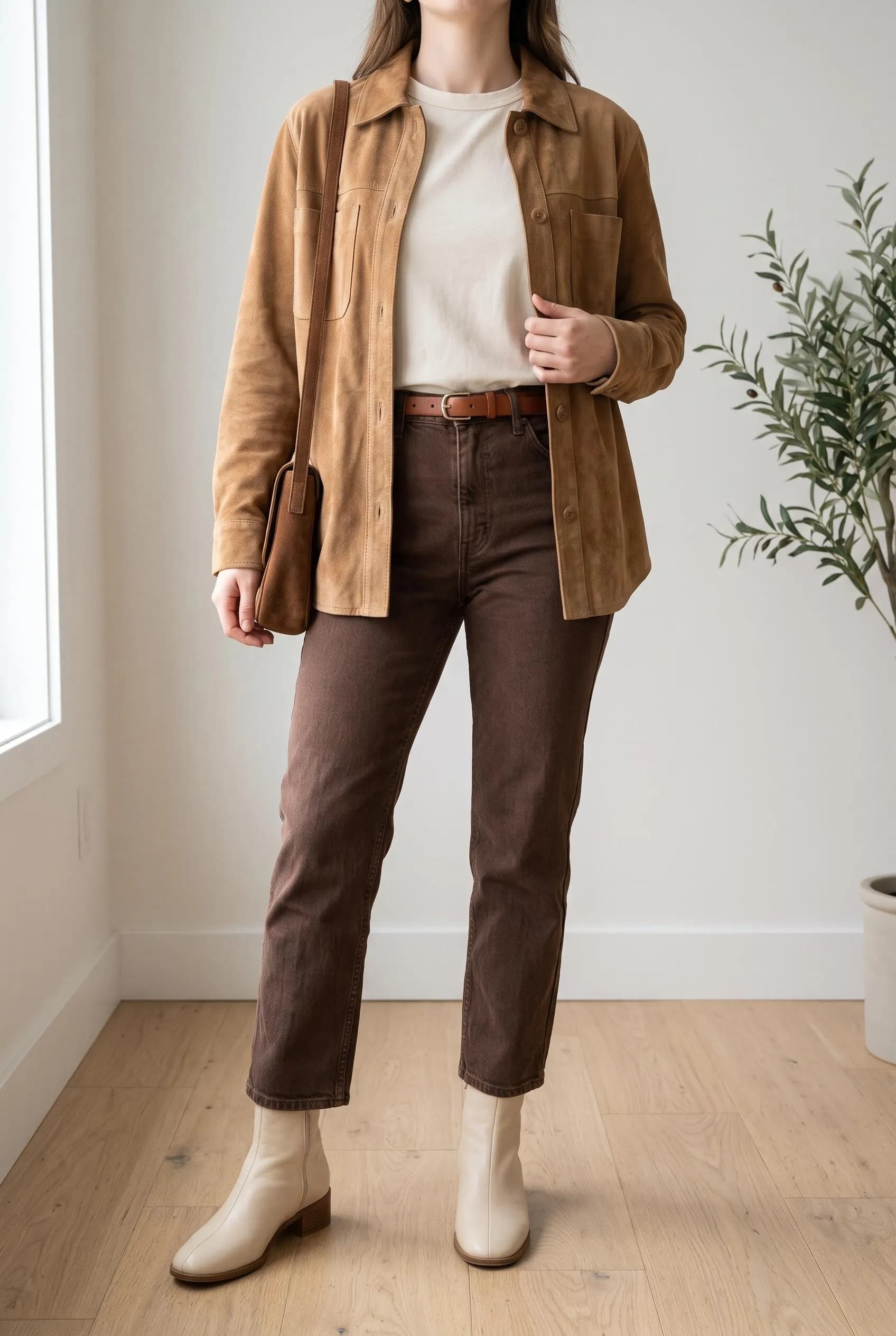 Tan suede jacket over a cream tee with chocolate brown jeans and cream ankle boots